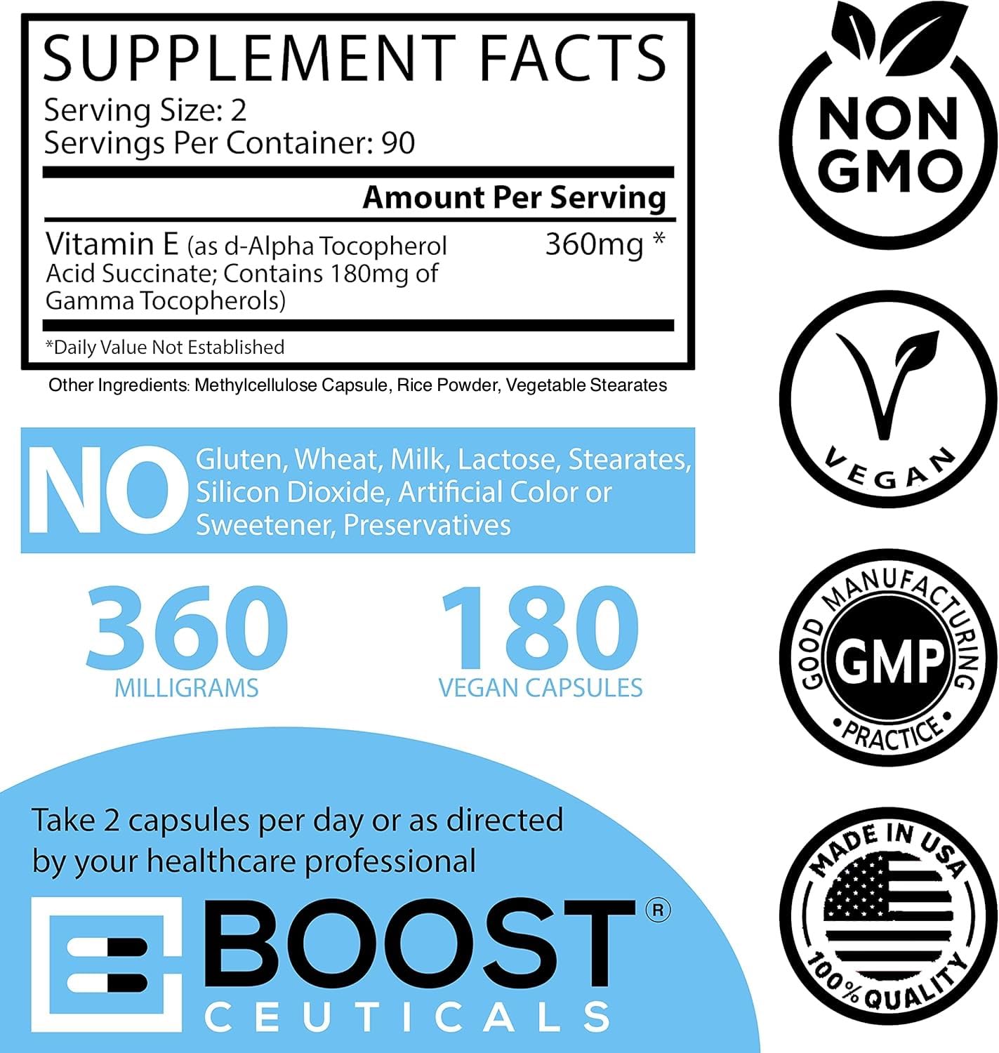 BoostCeuticals Gamma E 90mg Mixed Tocopherols, 180 Capsules
