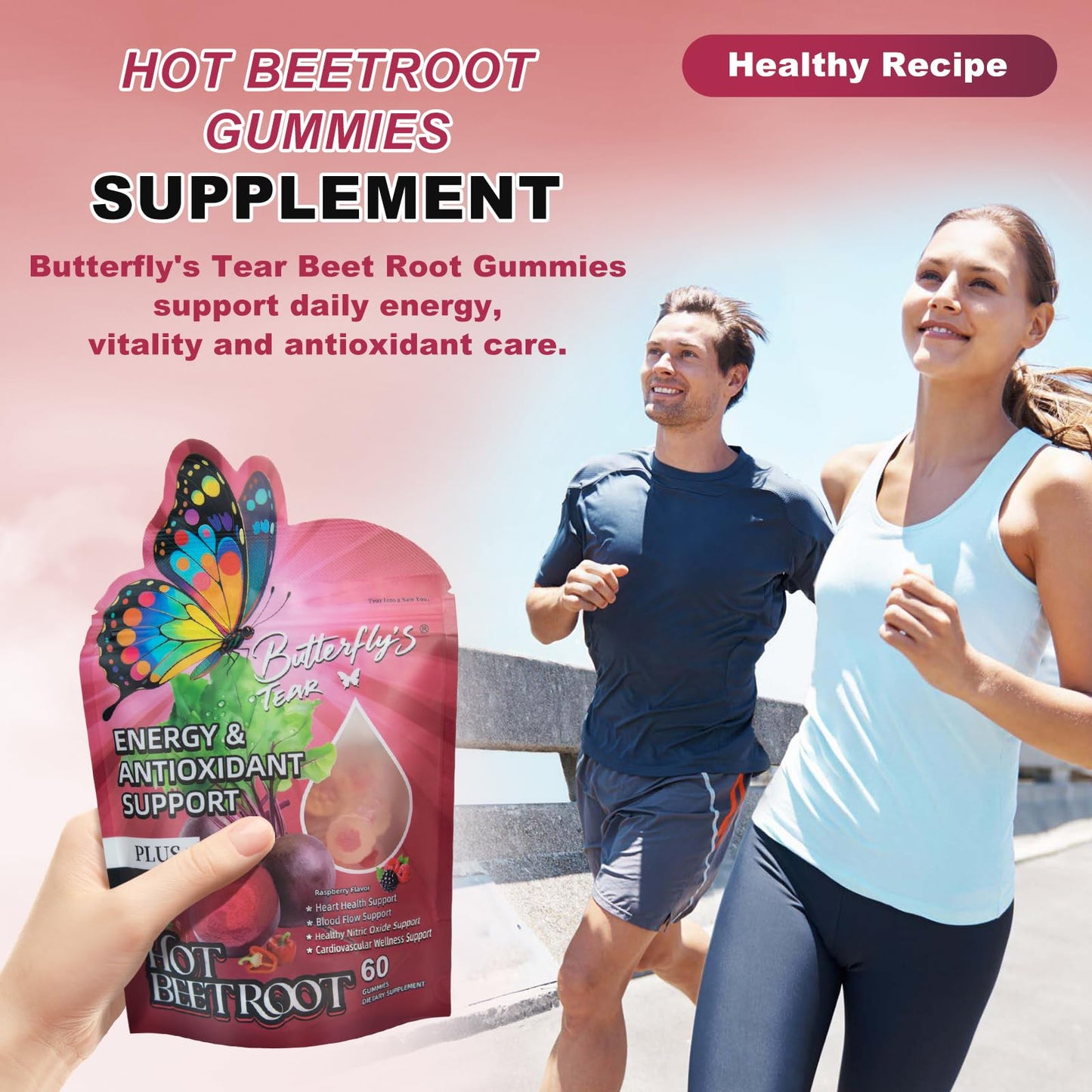 BUTTERFLY'S TEAR Beet Root & Berberine Gummies, Nitric Oxide & Metabolism Support, Energy, Circulation with Cinnamon, Vitamin D3 K2 E, Sugar Free, Non-GMO, 60 Gummies
