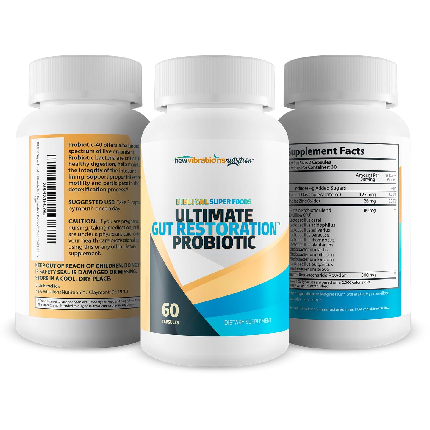 New Vibrations Nutrition Biblical Super Foods Ultimate Gut Restoration Probiotic Capsule 60 Count