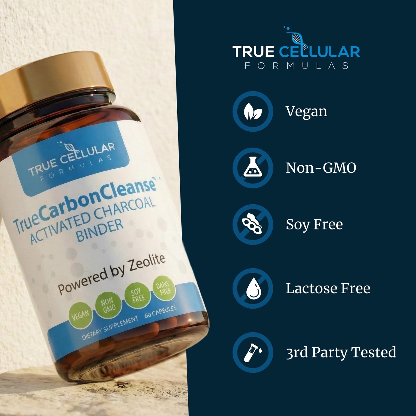 True Cellular Formulas Gut Detox & Liver Cleanse - Organic Activated Charcoal with Clinoptilolite Zeolite Binder - TrueCarbonCleanse Carbon Supplement 60 Capsules