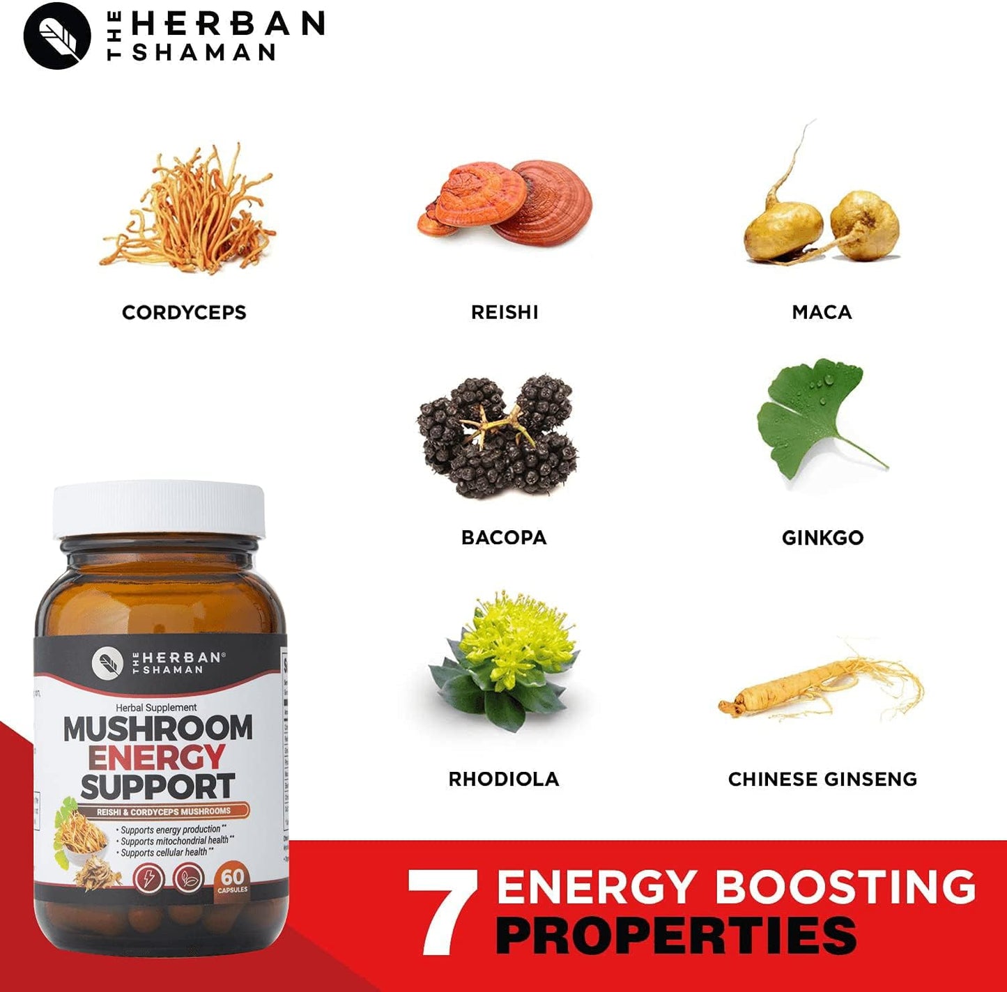 The Herban Shaman Mushroom Supplement Energy Support Capsules, 60 Capsules