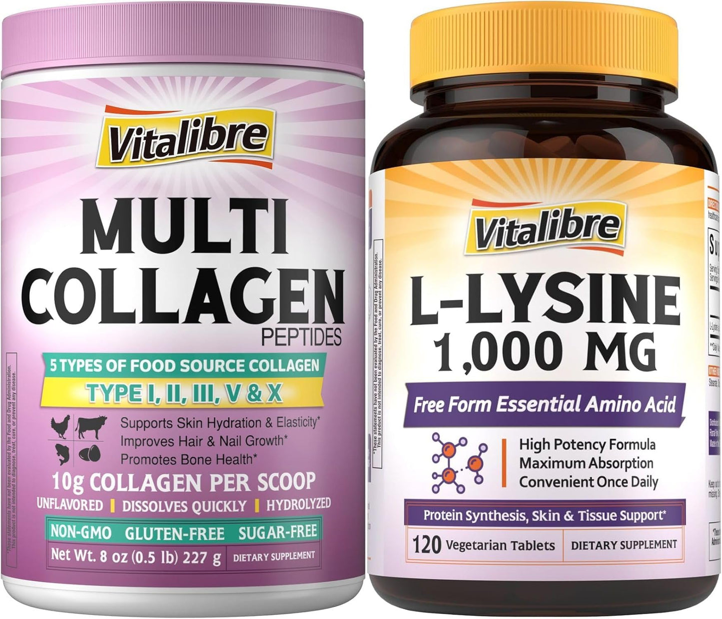 Vitalibre Multi Collagen Peptides Powder & Tablets Bundle, 8oz Powder + 120 Tablets
