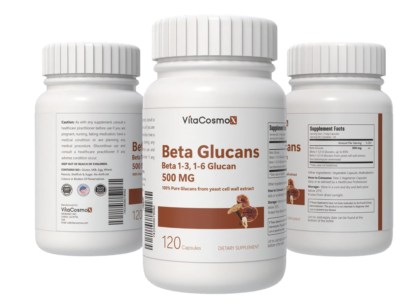 VitaCosmoX Beta Glucan Supplement 500 mg Capsule, 120 Veggie Capsules, Non-GMO, Gluten-Free