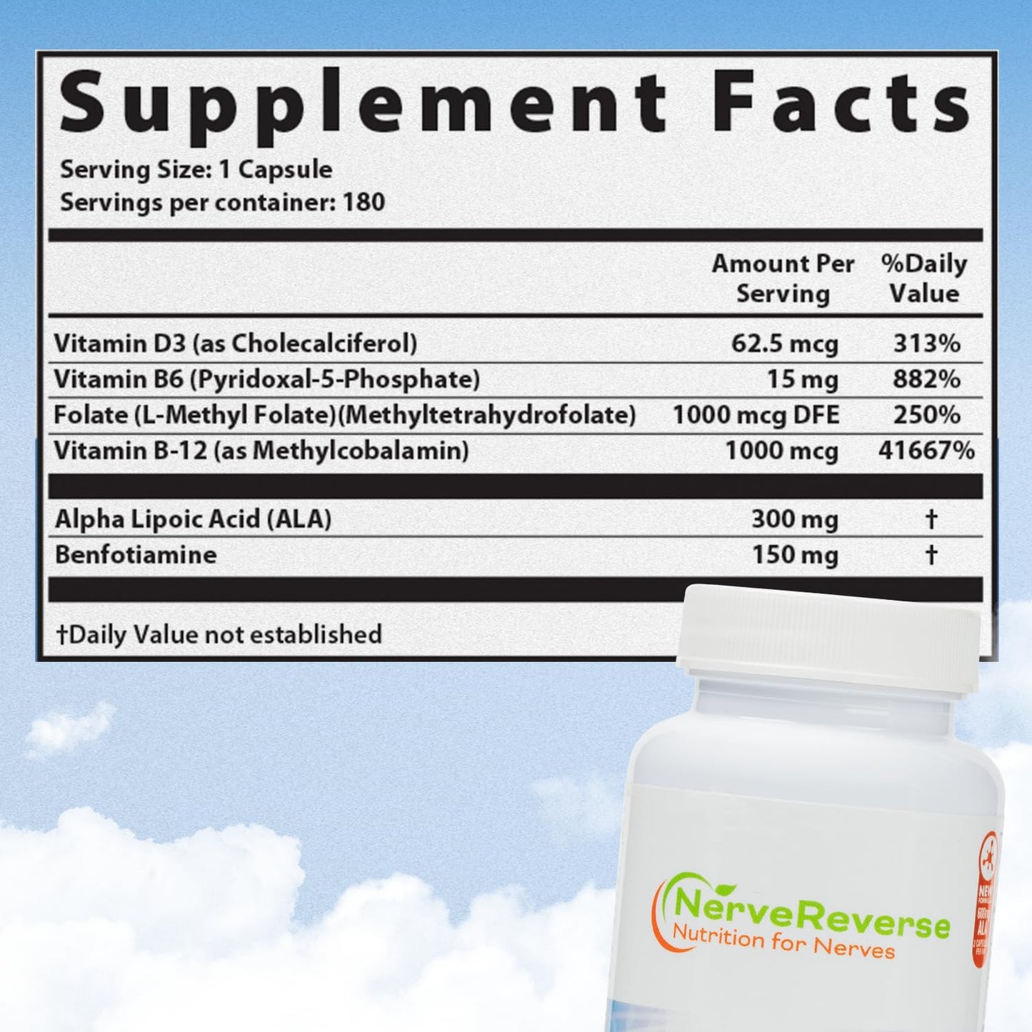 NERVEREVERSE NUTRITION FOR NERVES NerveReverse Neuropathy Support Formula - Alpha Lipoic Acid 600mg, Extra Strength Benfotiamine, B12, B9, B6, D3 - Nerve, Energy, and Metabolism Support - Vegan Capsules, 180 Count