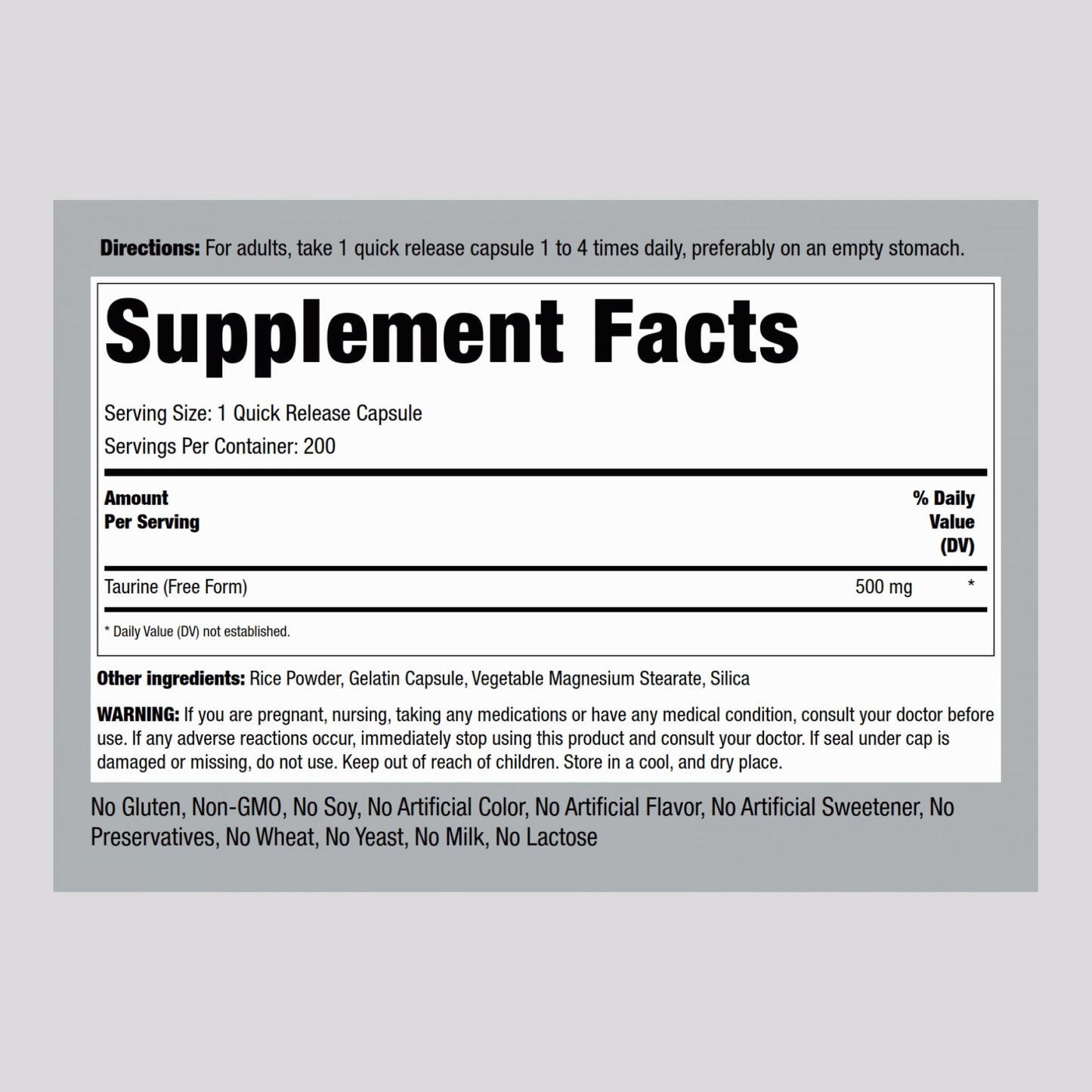 Piping Rock Taurine Supplement 500mg Capsule, 200 Capsules