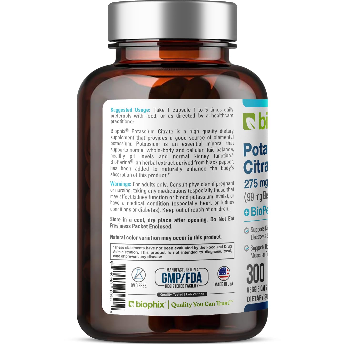 biophix Potassium Citrate 275 mg with BioPerine Veggie Capsules, 300 Count
