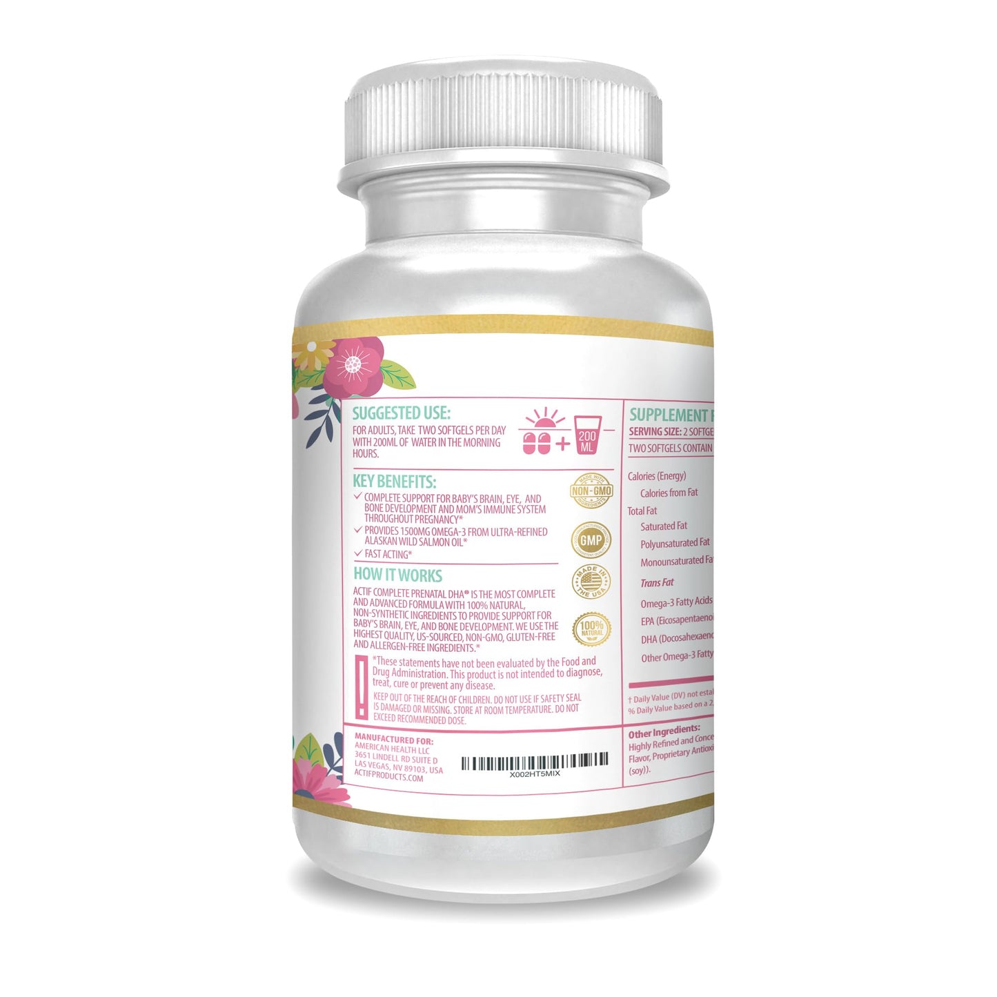 ACTIF Complete Prenatal DHA with 1500mg Omega-3, 100% Natural, Organic DHA, EPA – Non-GMO Softgels, 90 Count