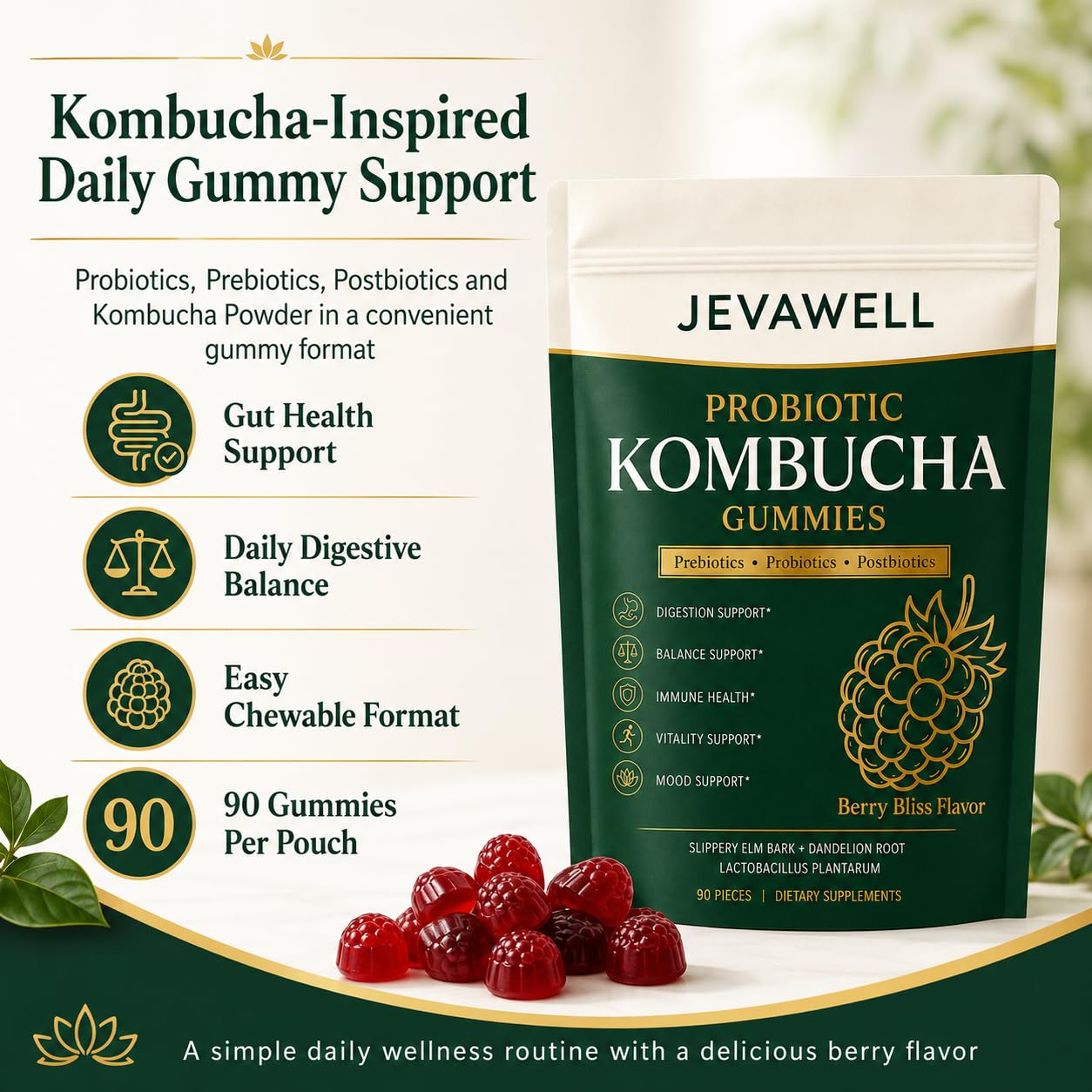 Pillow Daddy Jevawell Probiotic Kombucha Gummies, 90 Gummies