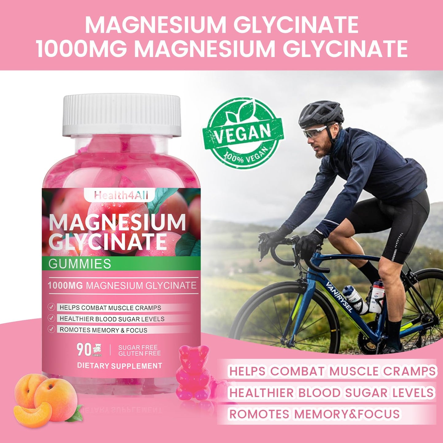 Health4All Magnesium Glycinate Gummies 1000mg Sugar Free, 90 Count