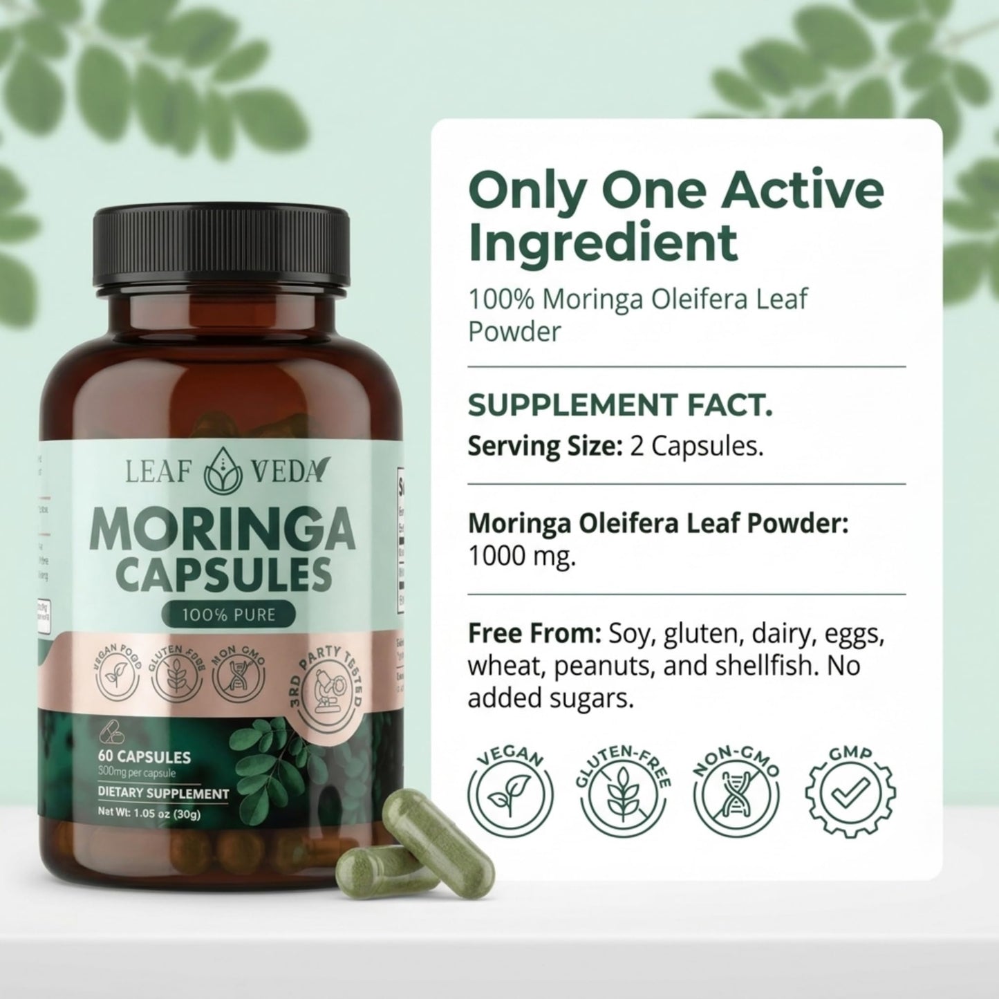 Leaf Veda Pure Moringa 1000mg Capsules, Vegan, Non-GMO, 60 Capsules