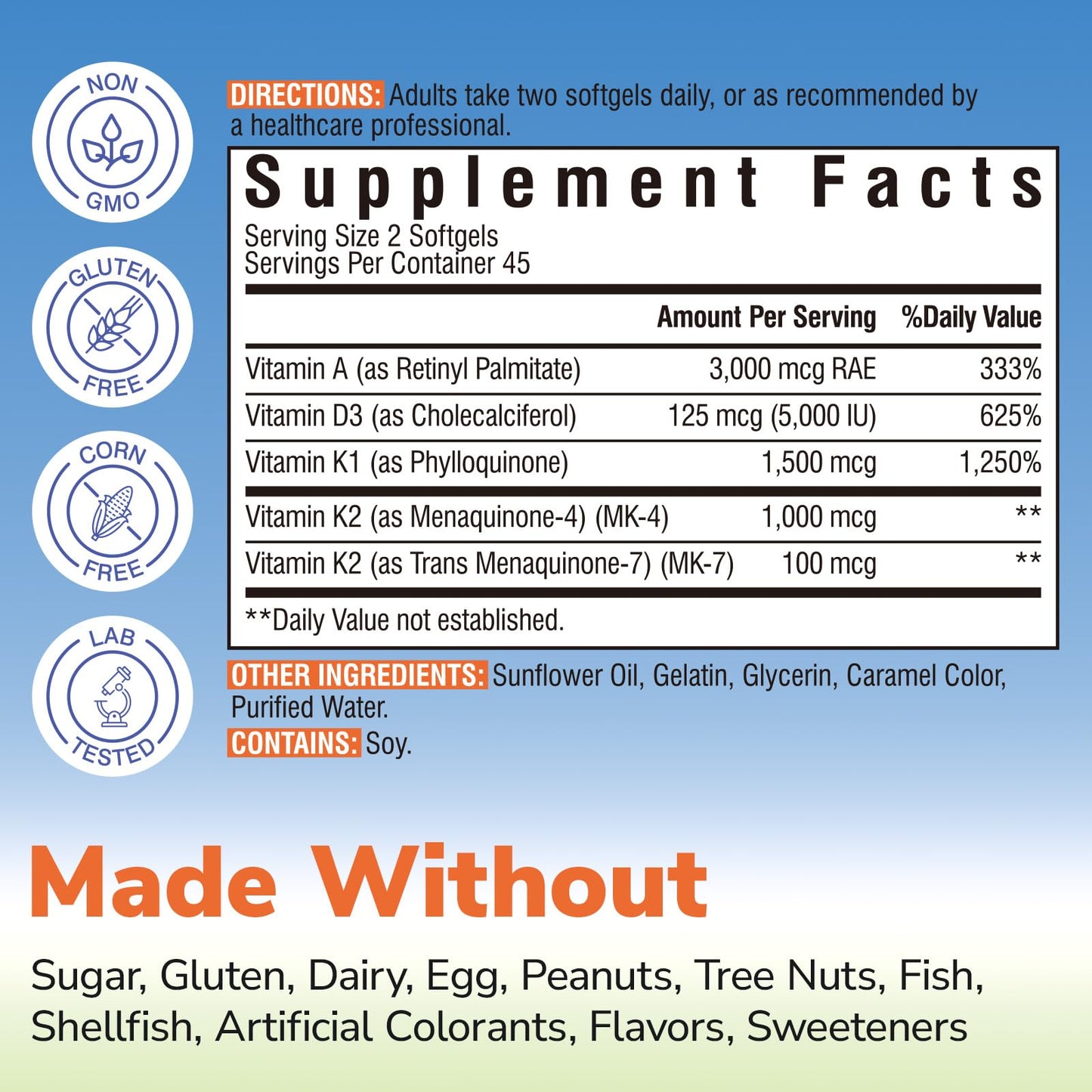 Vitalibre Vitamin K Complex 2600 mcg with Vitamin A & D3 5000 IU Softgels 90 Count