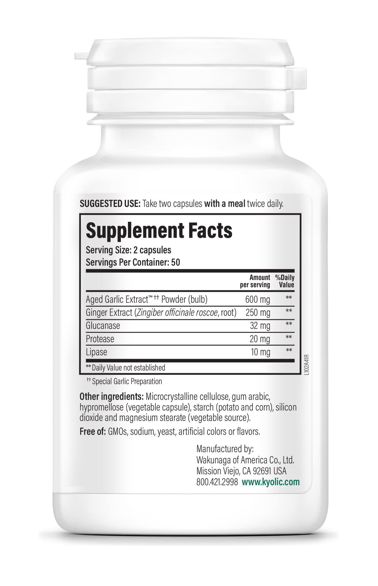 Kyolic Aged Garlic Extract Formula 102, Cleanse & Digestion*, Ginger and Enzyme Complex, 100 Capsules