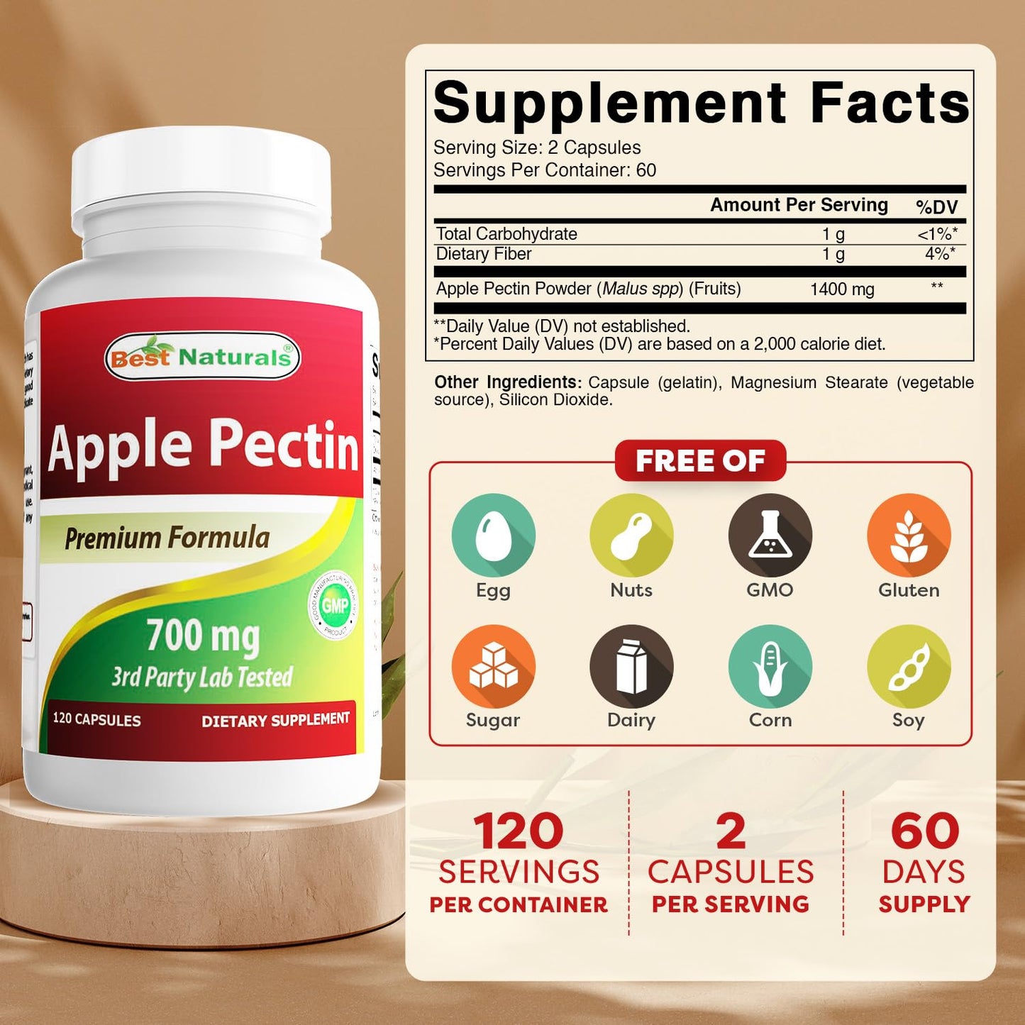 Best Naturals Apple Pectin 700 mg Dietary Fiber Intestinal Support 240 Capsules