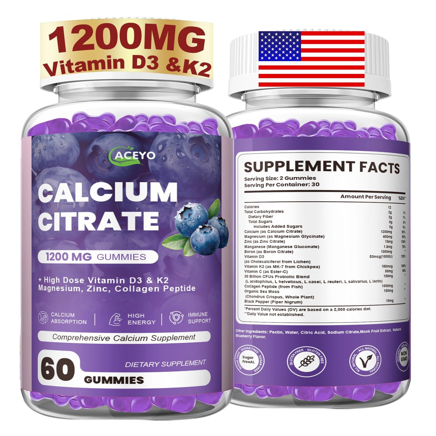 ACEYO Calcium Citrate Gummies 1200mg with Vitamin D3, K2, Magnesium & Zinc, Sugar-Free Blueberry Flavor, 60 Count