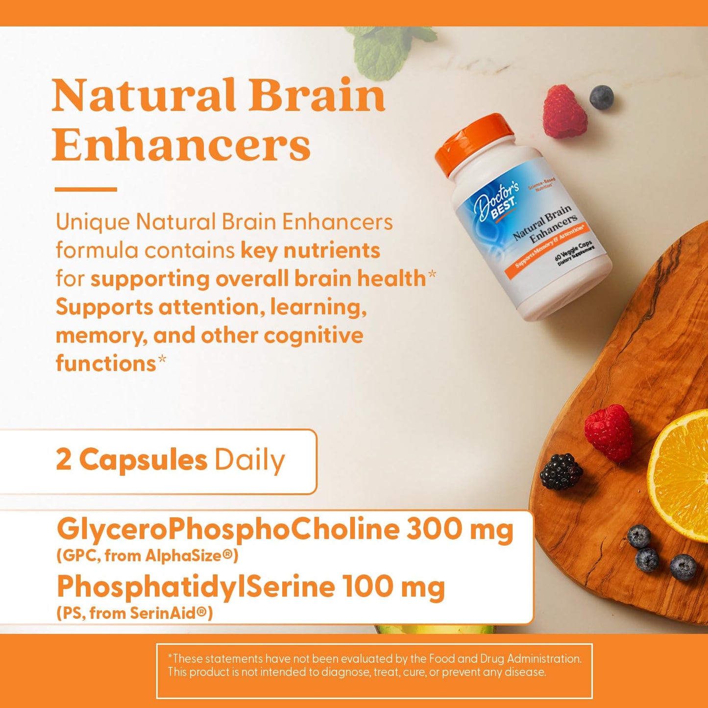 Doctor's Best Natural Brain Enhancers Brain Health Supplement with Phosphatidylserine, Alpha GPC & Calcium Veggie Caps, 60 Count