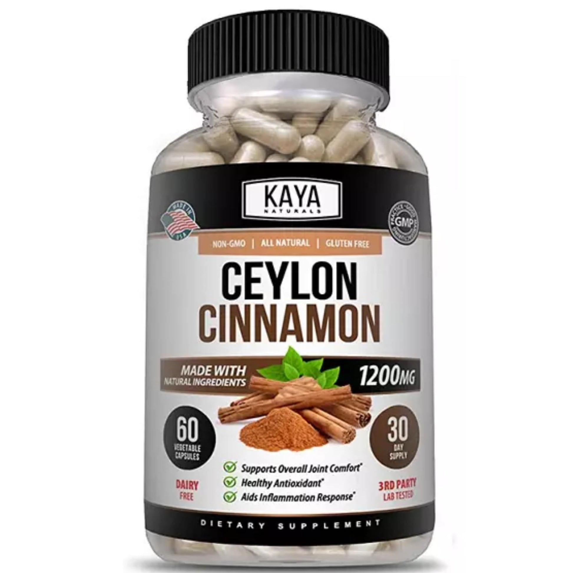 Kaya Naturals Organic Ceylon Cinnamon Supplement 1200mg per Serving, 60 Capsules