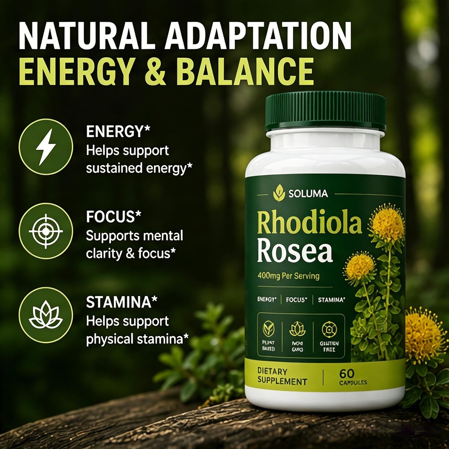 Morshny Soluma Rhodiola Rosea Capsules 400mg, Organic Rhodiola Extract, Adaptogen Supplement for Energy Support, Daily Wellness, Mental Focus, 60 Capsules