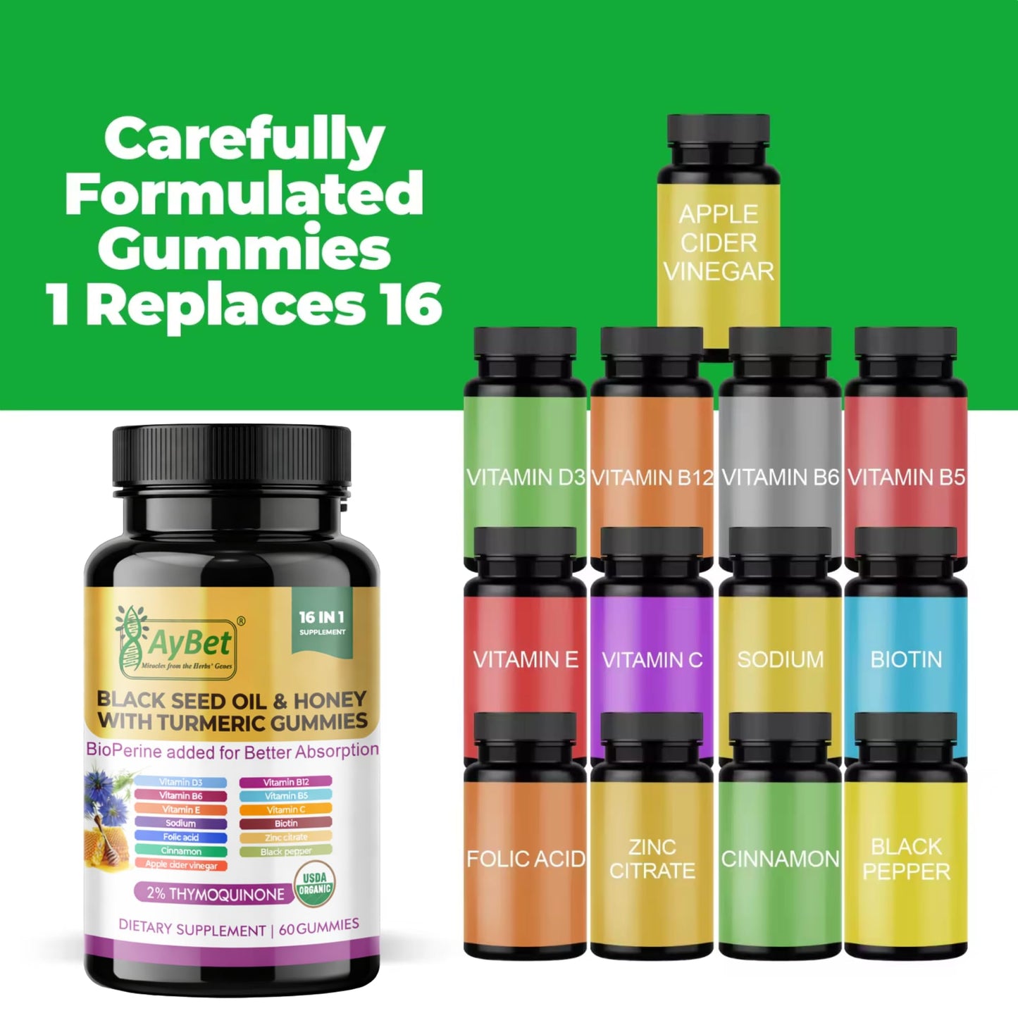 AyBet Black Seed Oil & Honey Gummies with Turmeric – 16-in-1 Supplement with Vitamins D3, B12, Biotin & Zinc – 2% Thymoquinone – USDA Organic, Halal, Vegan, Non-GMO, 60 Gummies