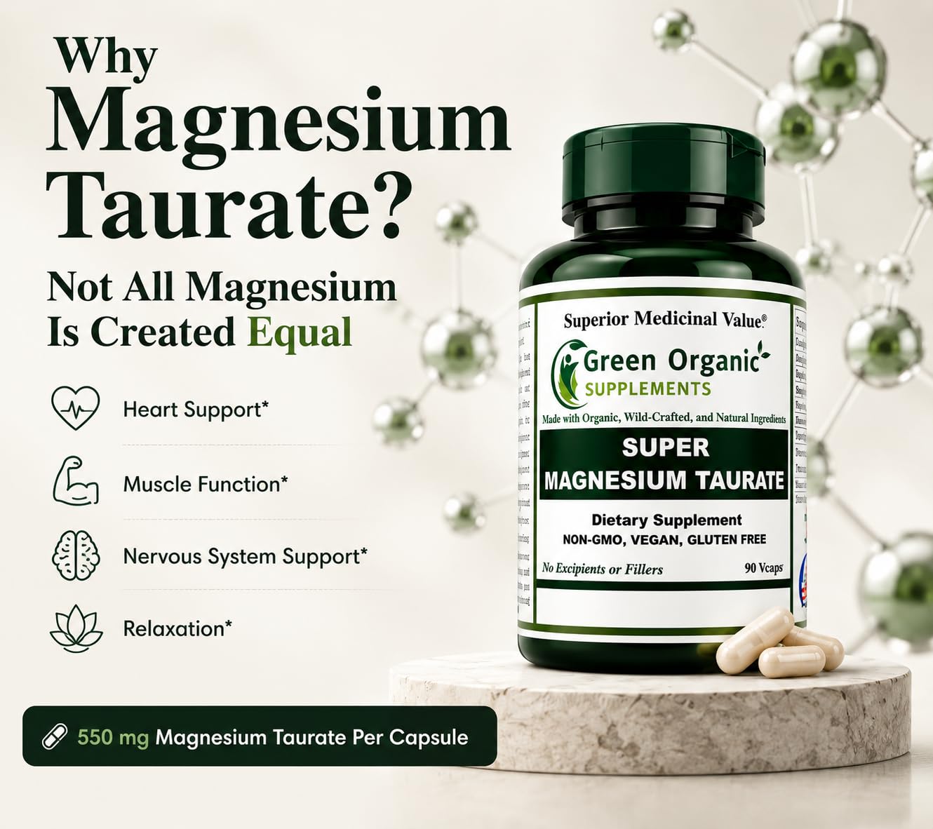 Green Organic Supplements Magnesium Taurate Capsule 90 Count