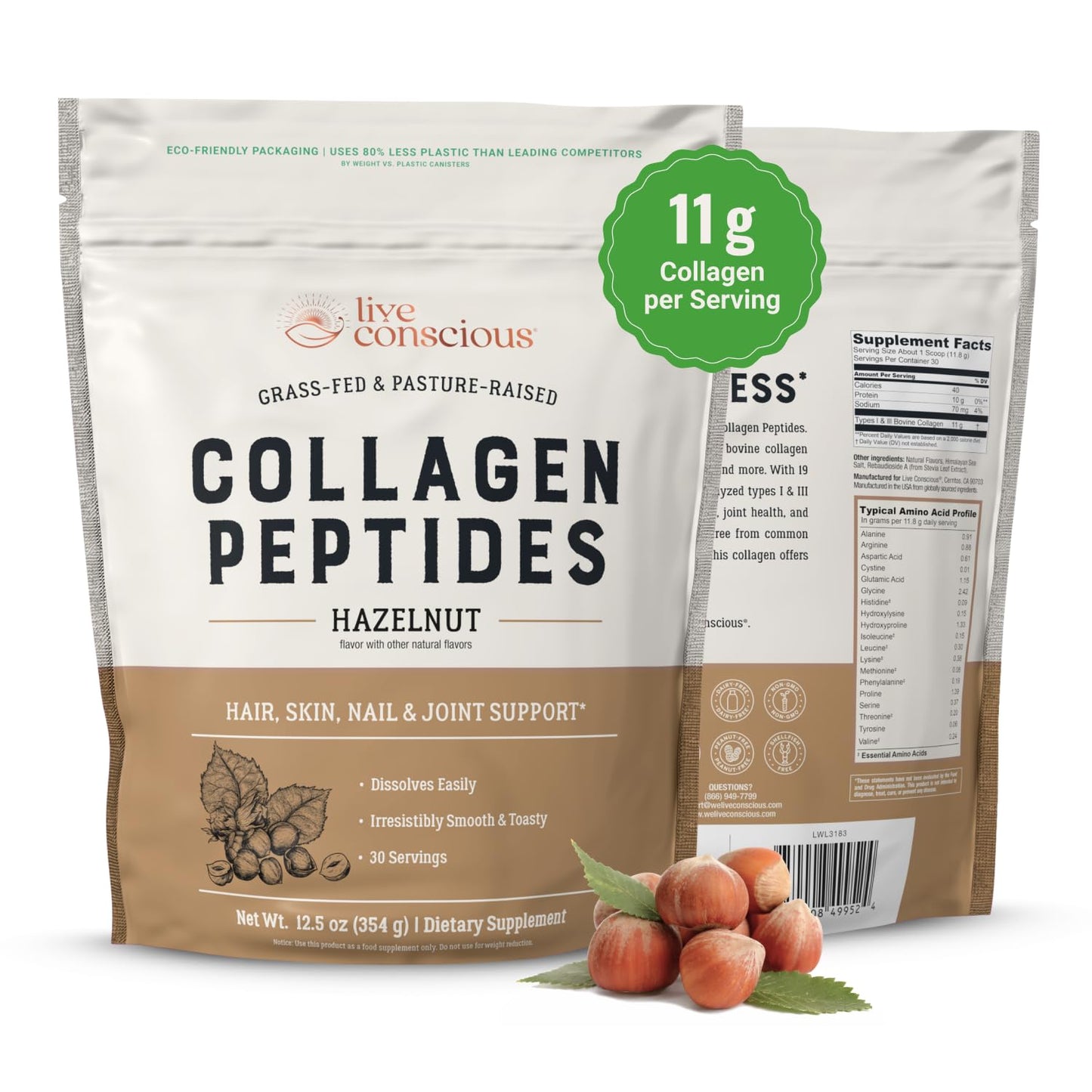 Live Conscious Collagen Peptides Powder Hazelnut Flavored - Hair, Skin, Nail & Joint Support - Type I & III Grass-Fed - 12.04 oz