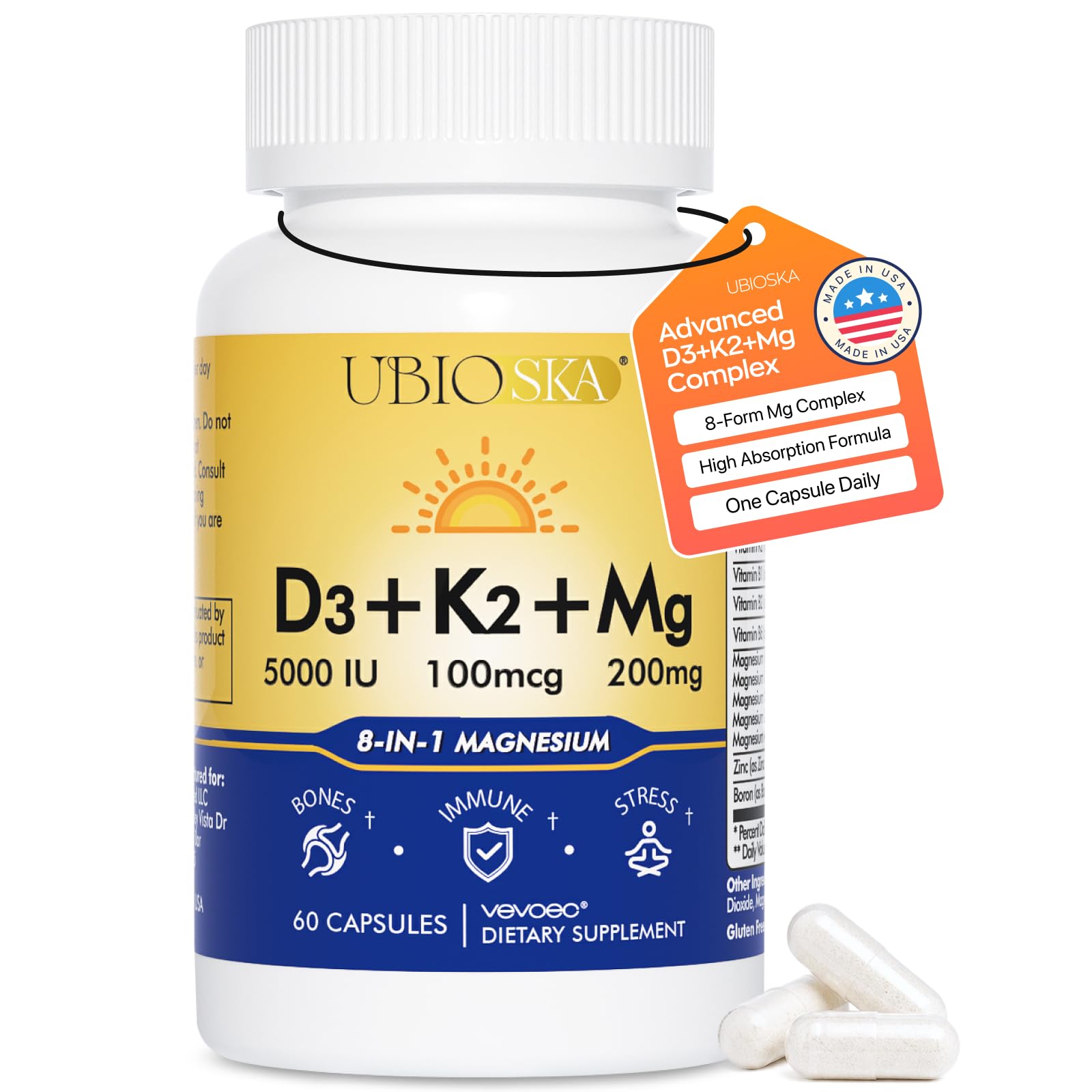 UBIOSKA Vitamin D3 K2 Magnesium, Supplement 5000 IU Vitamin D3 & MK-7 K2 with 8-in-1 Magnesium Complex, Vitamin for Bone, Sleep, Stress Relief & Mood, 60 Capsules
