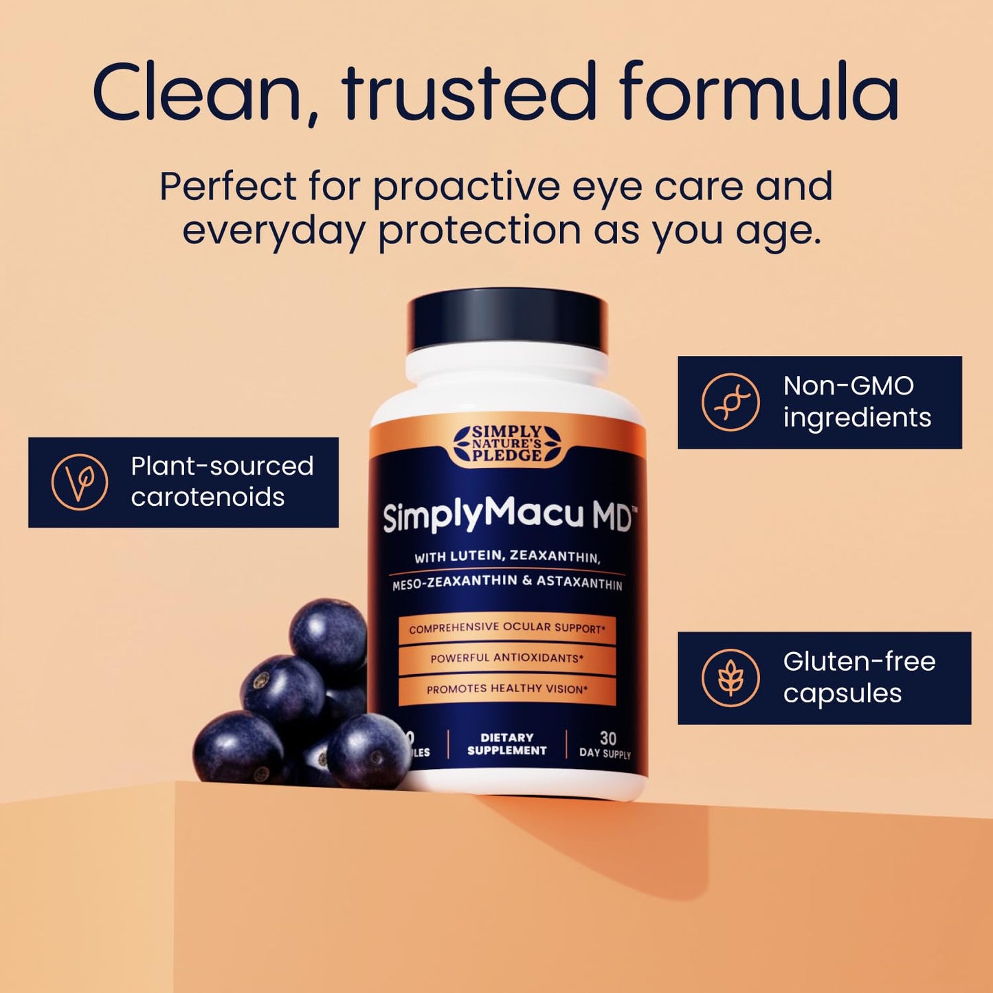 Simply Nature's Pledge Macu MD Advanced Vision Support Supplement with Lutein, Zeaxanthin, Meso-Zeaxanthin & Astaxanthin – Bilberry Extract, 60 Capsules