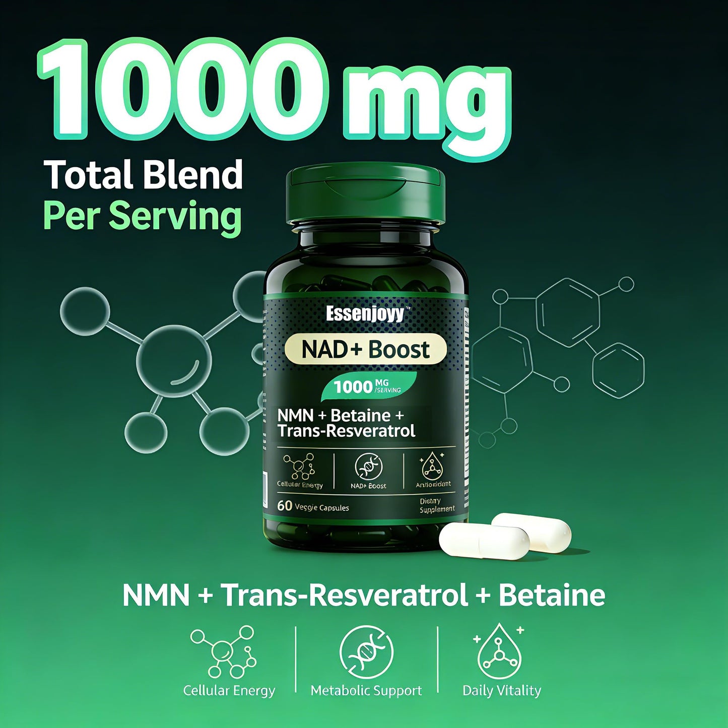 ESSENJOYY NAD+ Boost Supplement with NMN, Trans-Resveratrol & Betaine (TMG) 1000mg Blend 60 Capsules