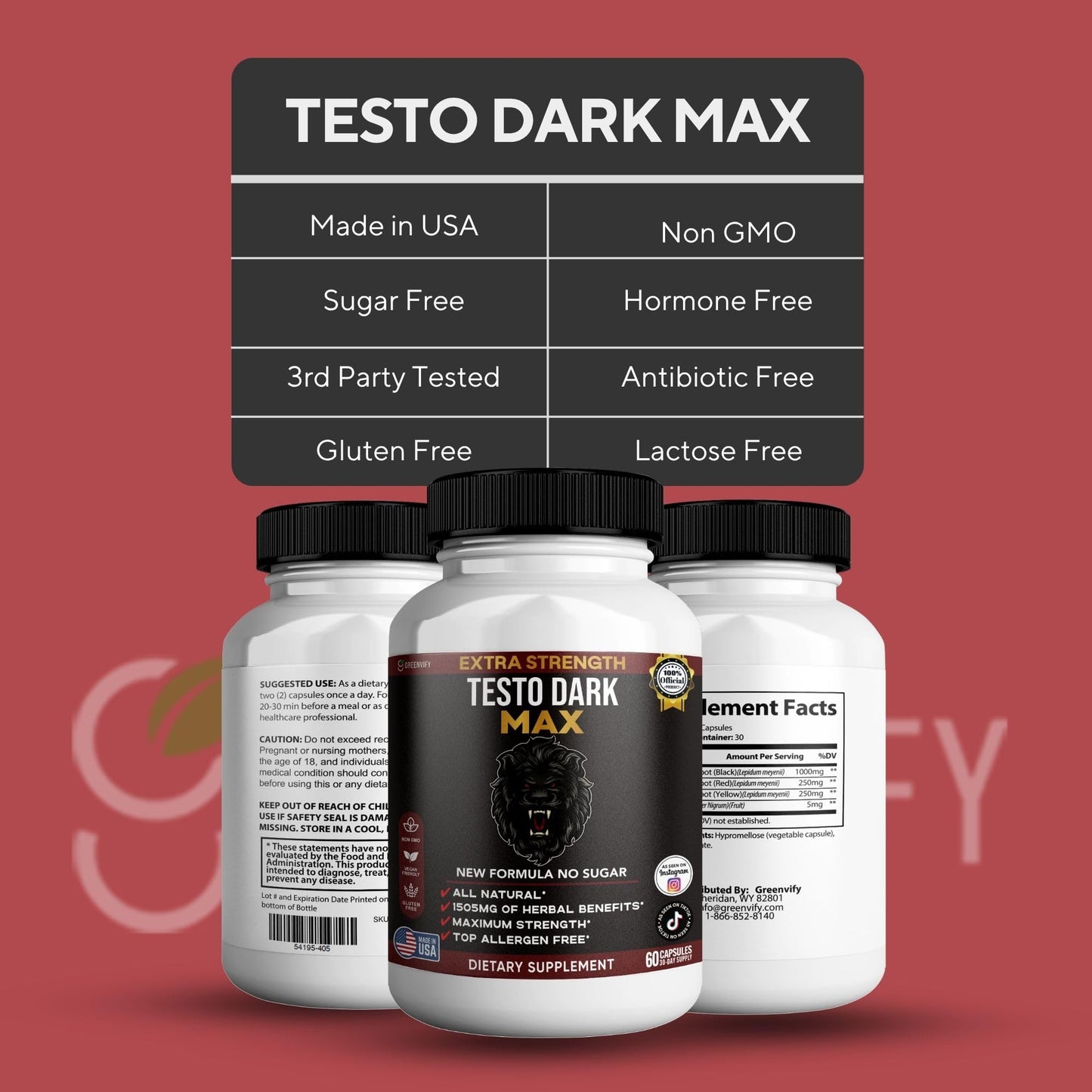GREENVIFY Testo Dark Max Dietary Supplement, Organic Maca Root, Non-GMO, Vegan, Gluten Free, 60 Capsules