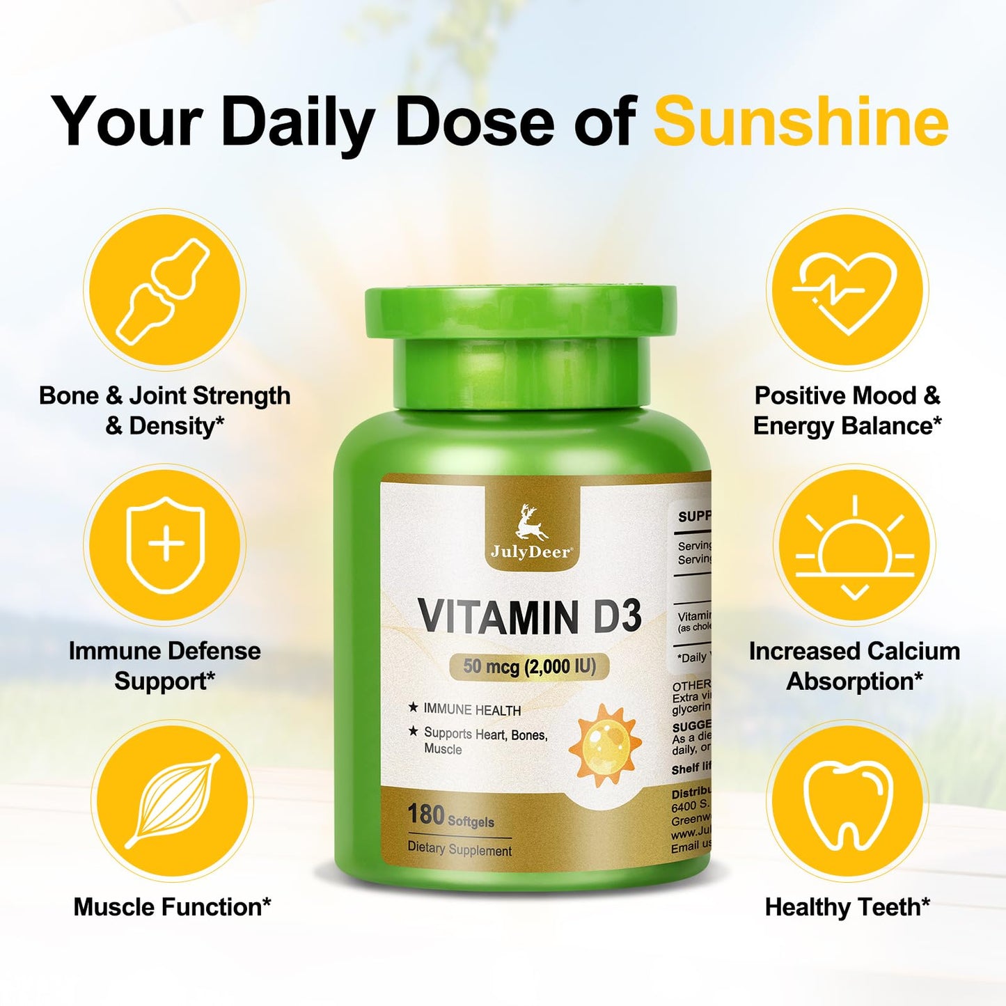 JulyDeer Vitamin D3 2000 IU (50 mcg) Softgels, 180 Count