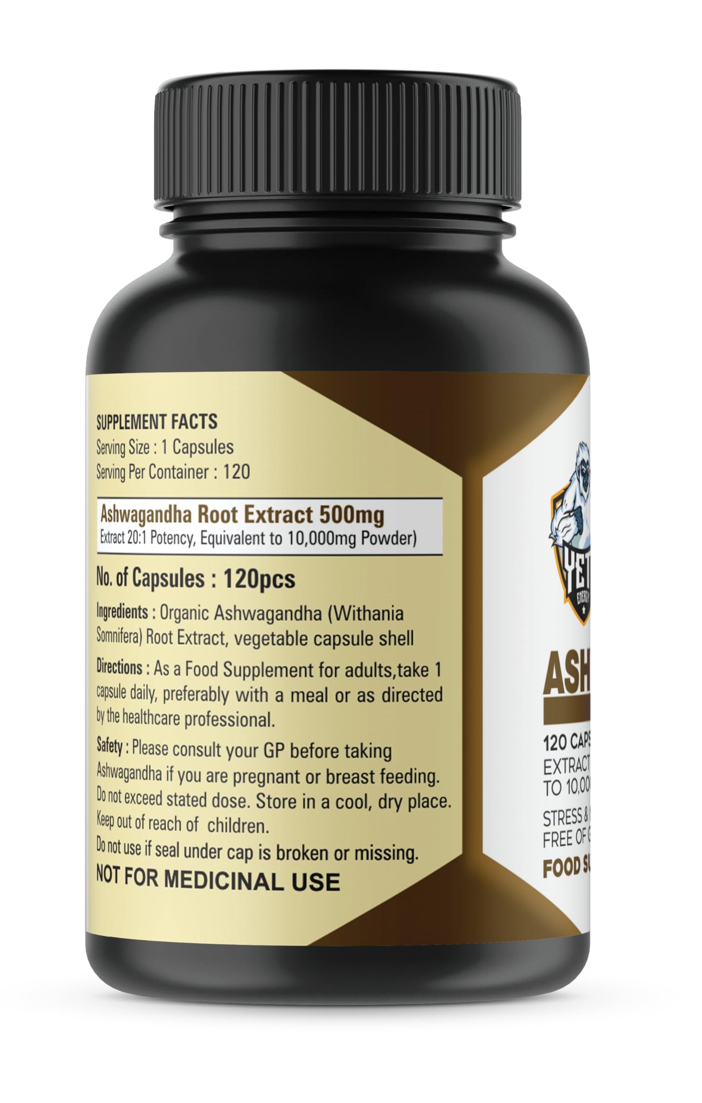 YetiEnergy Ashwagandha Capsules 500 mg - Pure Organic Ashwagandha Root Extract, Stress Relief & Mood Support, 1 Capsule