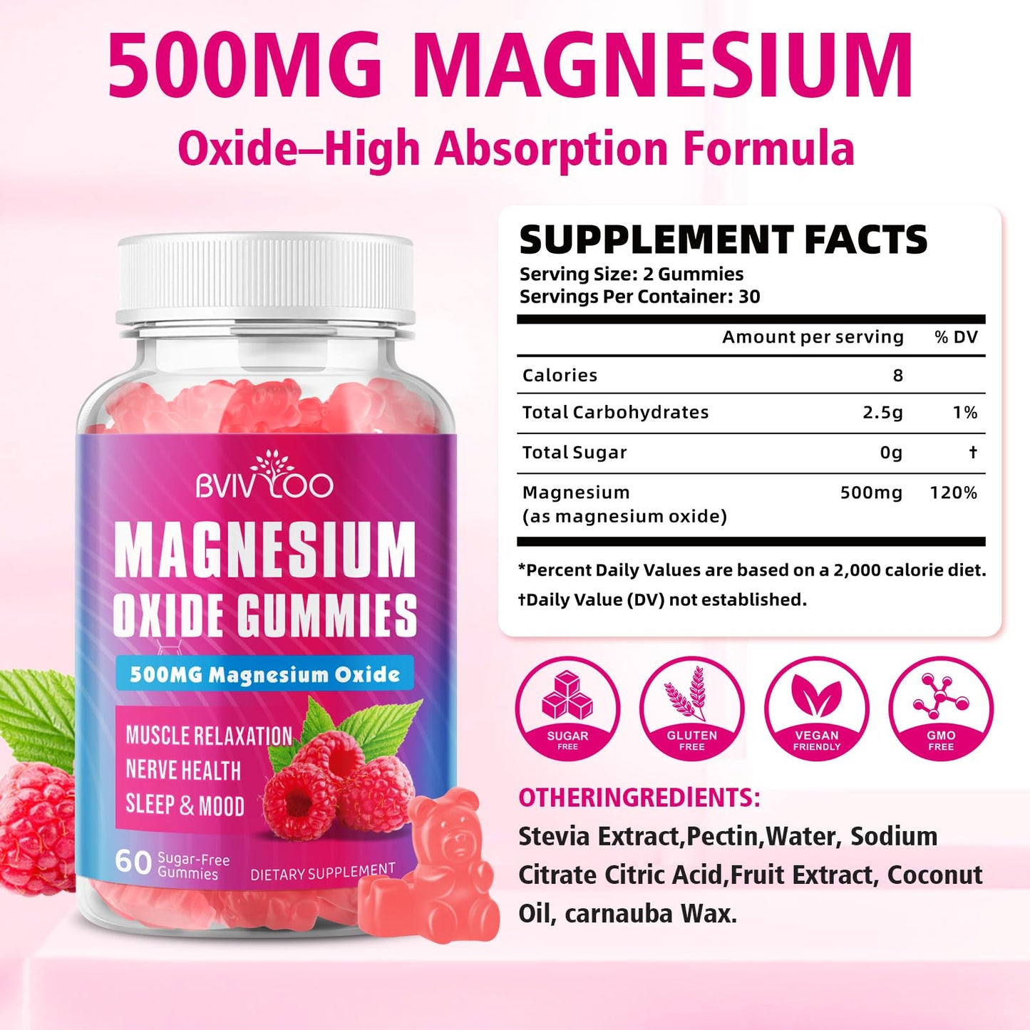 BVIVLOO Magnesium Oxide 500mg Gummies, 60 Gummies