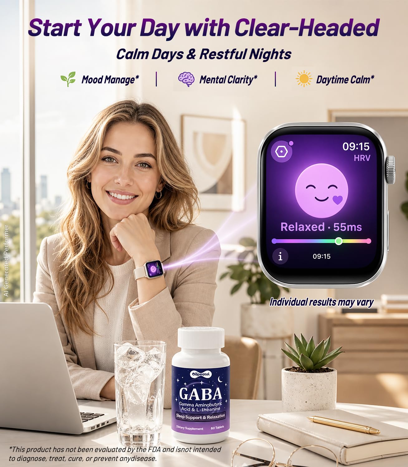 Oopeatol GABA Complex L-Theanine Supplements Stress Relief & Mood Balance Support, 60 Vegan Tablets