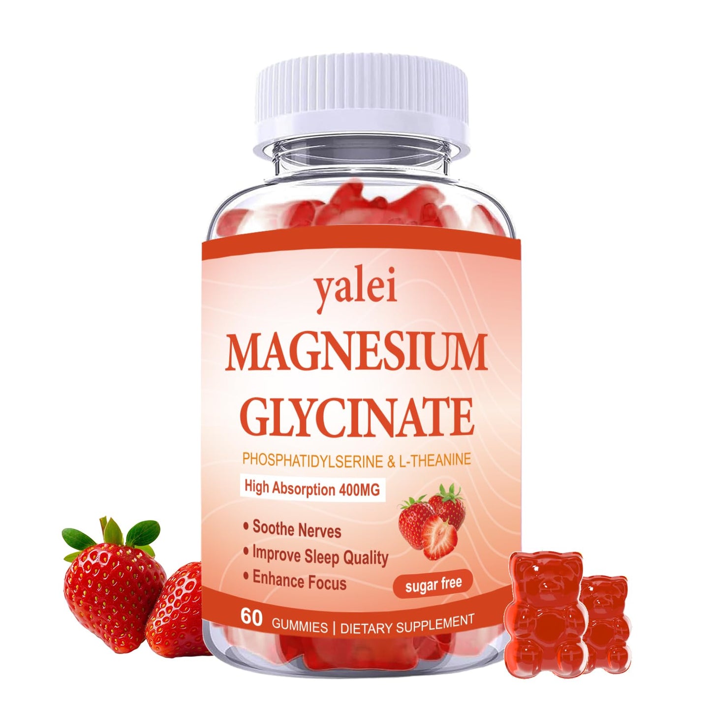 Yalei Magnesium Glycinate Gummies 400mg with L-Theanine & Phosphatidylserine – Sleep, Stress & Muscle Relief, for Adults & Kids, Non-GMO, Vegan, Sugar Free, 60 Gummies, Strawberry Flavor