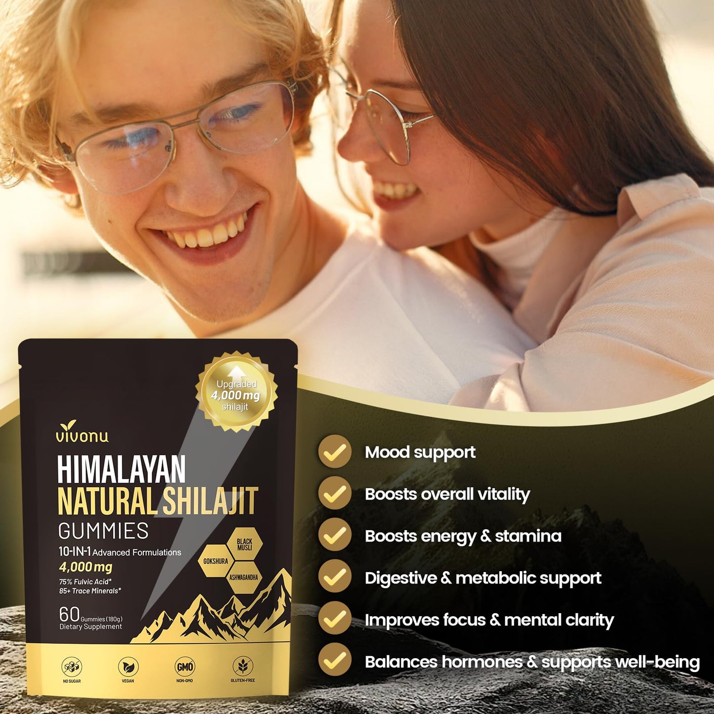 VivoNu Himalayan Shilajit Gummies with Ashwagandha & Gokshura, 60 Gummies