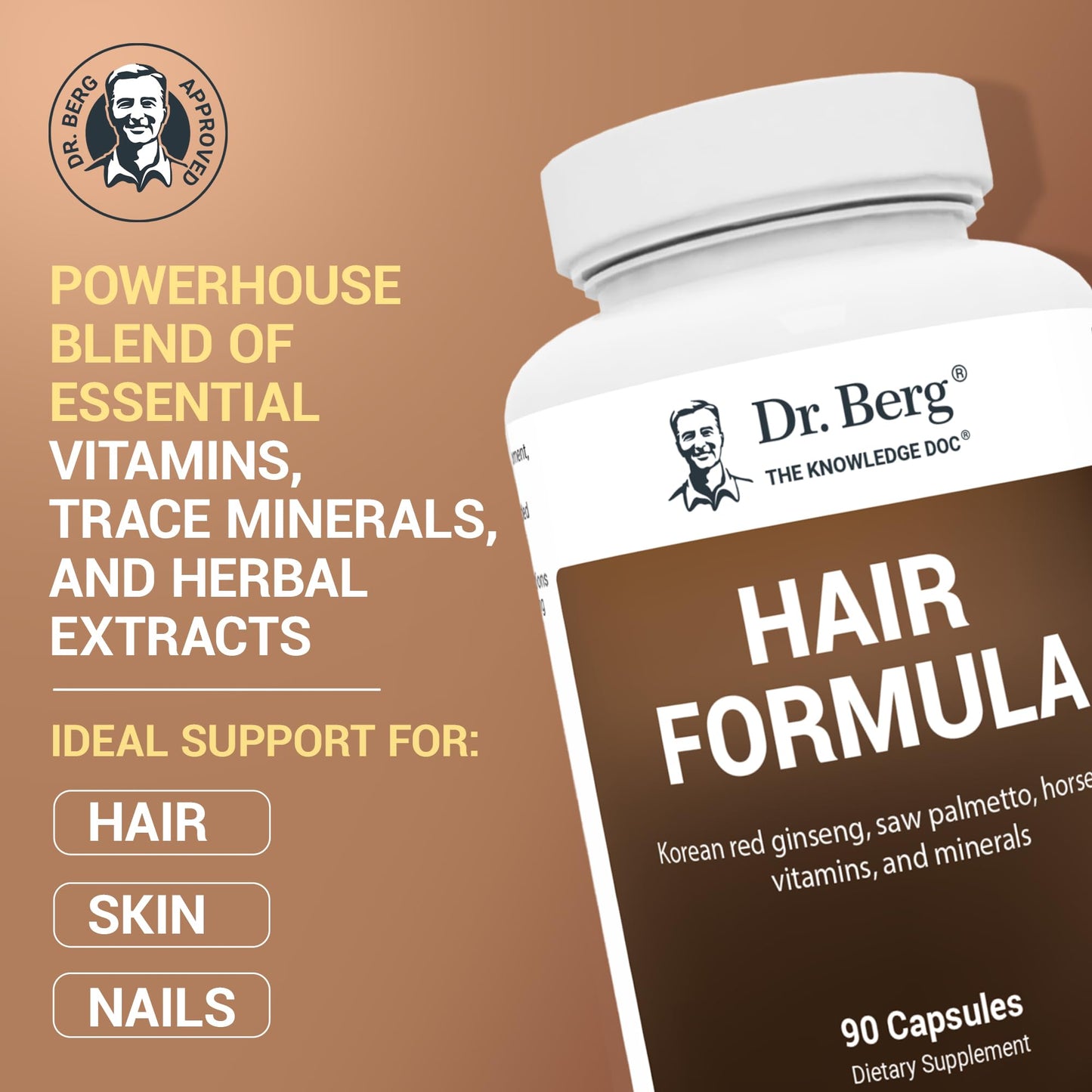 Dr. Berg Nutritionals All-in-One Vitamins for Hair, Skin, & Nails - Advanced Formula with Biotin, Saw Palmetto, DHT Blocker, & Trace Minerals, 90 Capsules