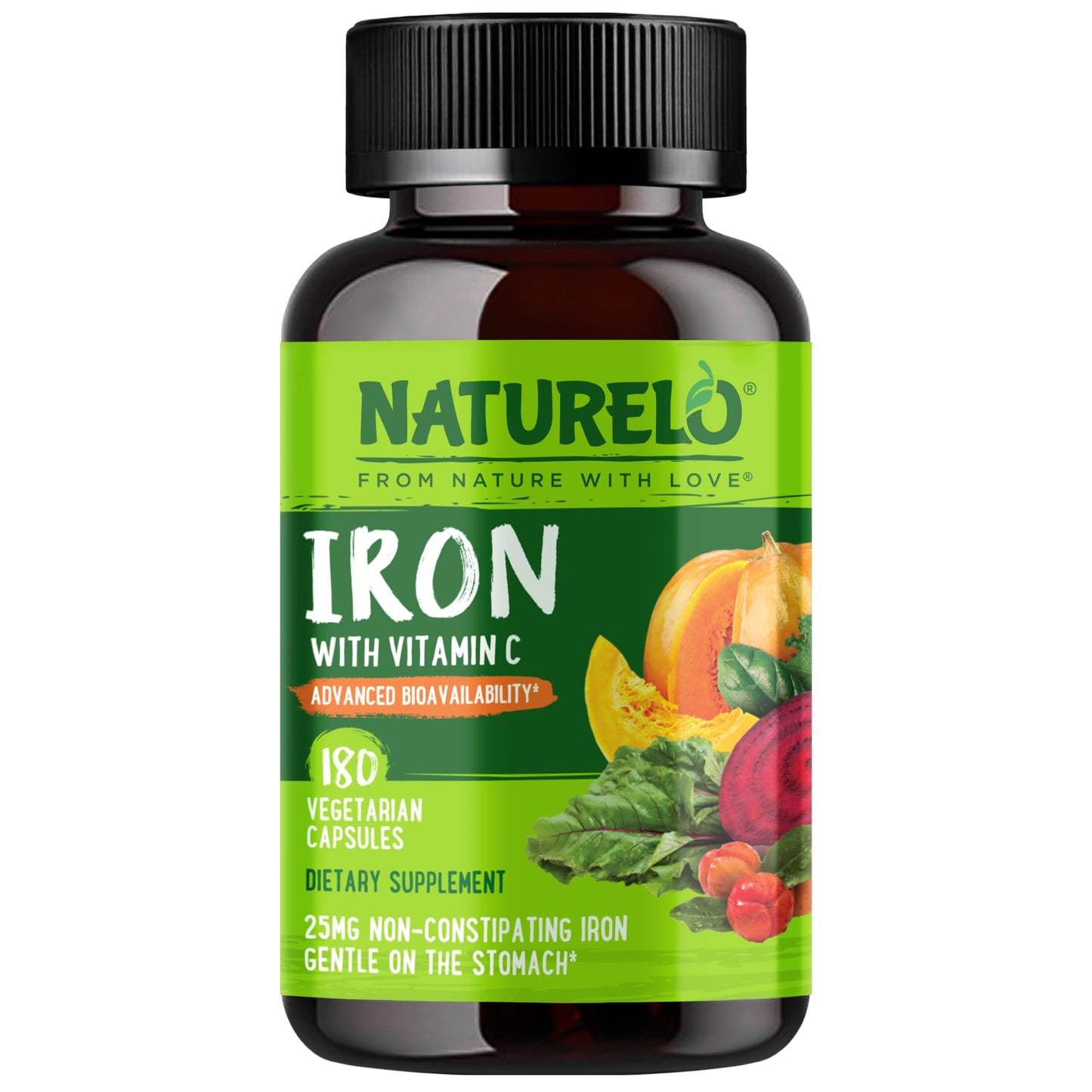 Naturelo Vegan Iron Supplement with Vitamin C and Organic Whole Foods - Gentle Iron Pills for Women & Men with Iron Deficiency Including Pregnancy, Anemia and Vegan Diets, 180 Capsules