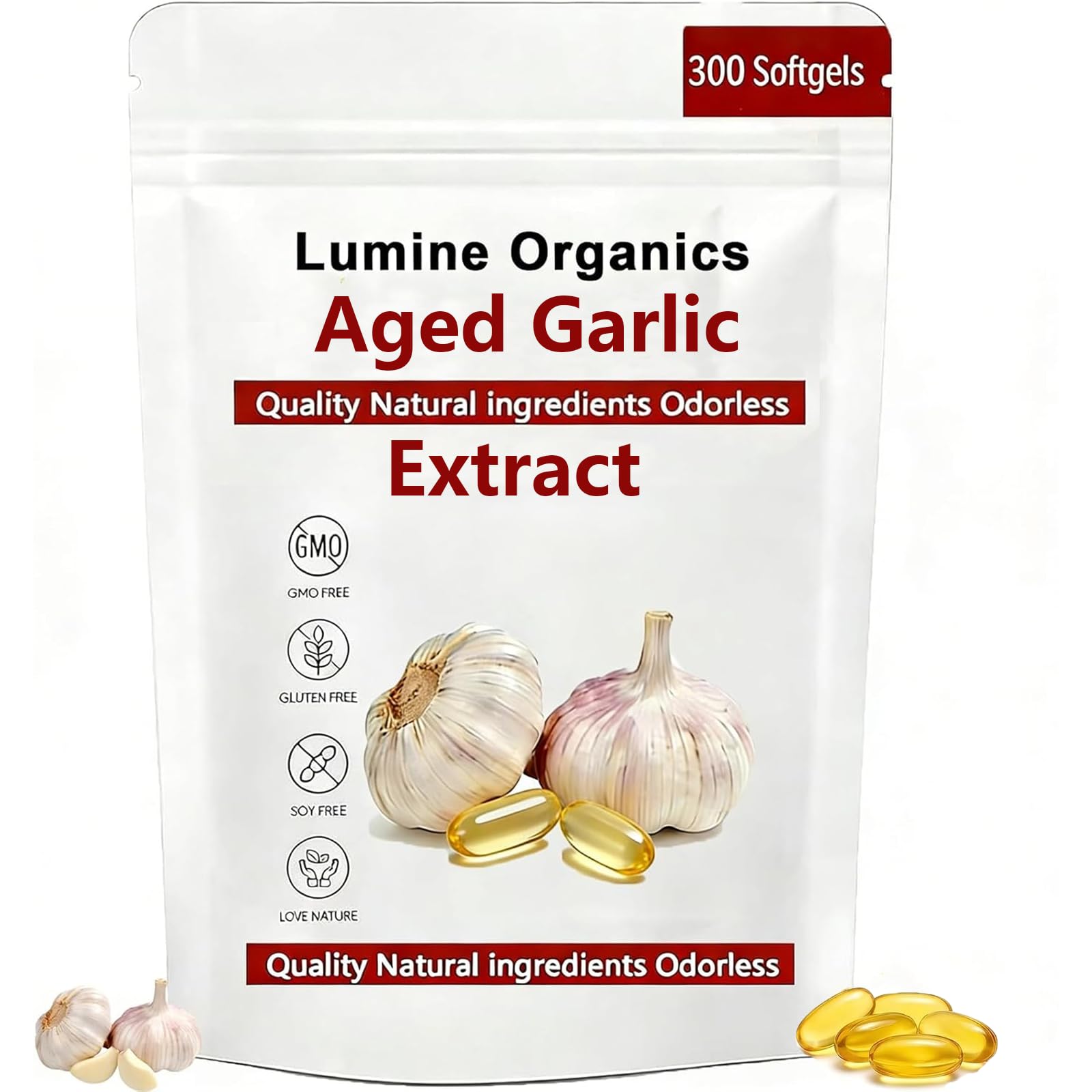 Lumine Organics Aged Garlic Extract Capsules, 500mg per Serving, Odorless, 300 Softgels, Vegetarian, 1 Count