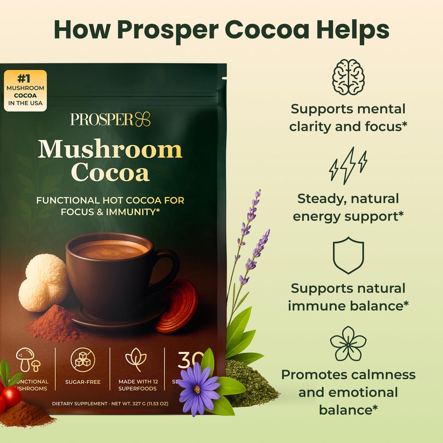 Prosper Mushroom Cocoa Powder for Focus & Immunity (Lion's Mane, Cordyceps, Chaga, Reishi, Turkey Tail) & Ashwagandha - Energy, Gut & Stress Support - Coffee Alternative & Hot Chocolate 11 Servings