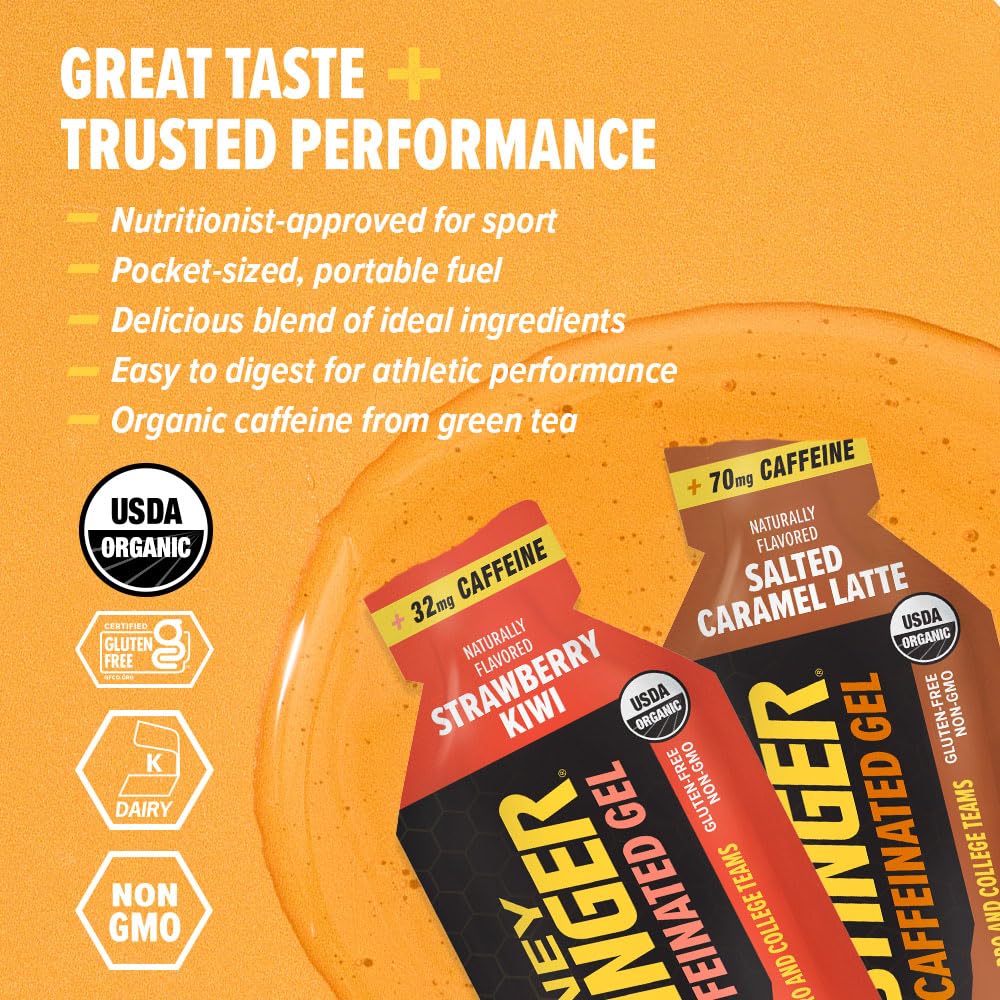 Honey Stinger Caffeinated Organic Energy Gel Variety Pack of 24, 12 Packs Each of Salted Caramel Latte & Strawberry Kiwi, Caffeinated & Gluten Free, for All Exercises, Sports Nutrition for Home & Gym