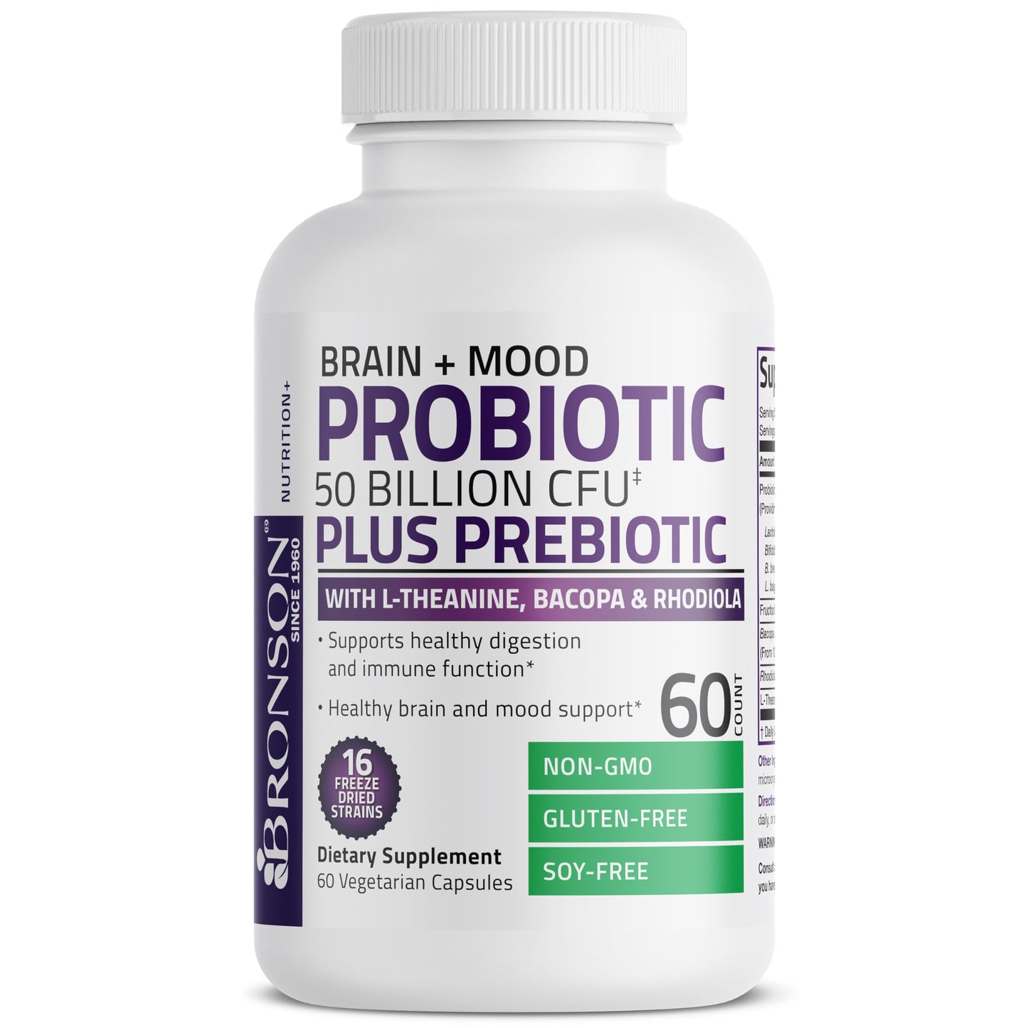 Bronson Brain + Mood Probiotic 50 Billion CFU Plus Prebiotic with L-Theanine, Bacopa and Rhodiola Non-GMO, 60 Capsules