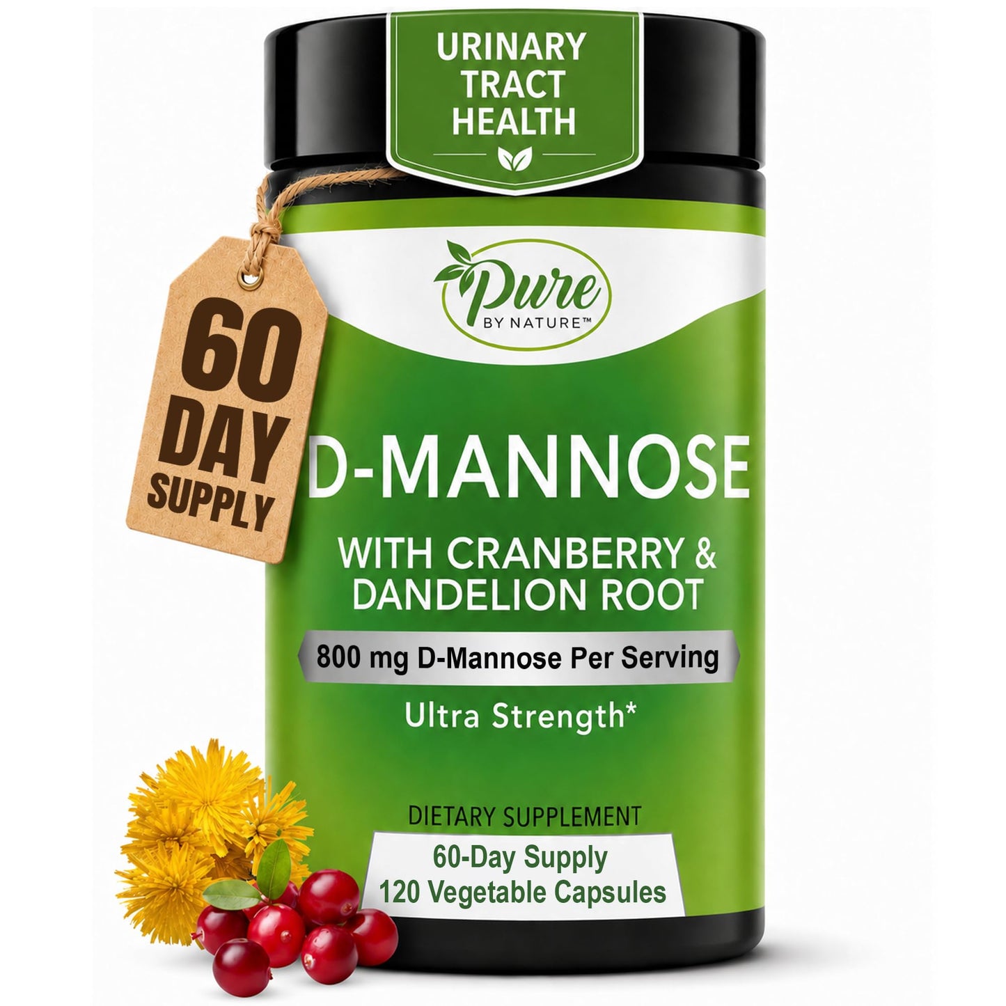 Pure By Nature D-Mannose Cranberry Capsules 800mg Per Serving, 120 Vegan Capsules