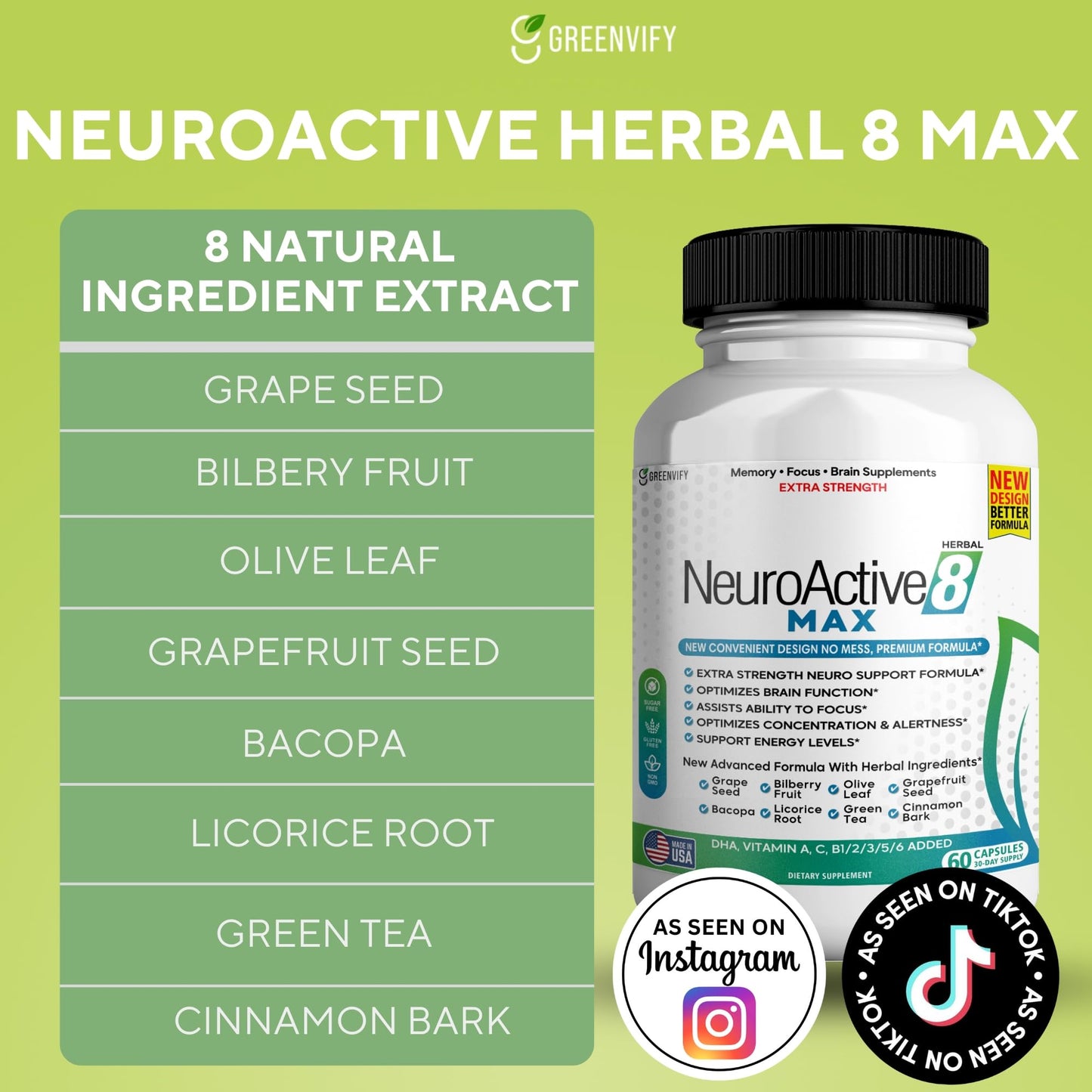 GREENVIFY NeuroActive 8 Max Brain Support Supplement Extra Strength Formula, 120 Capsules
