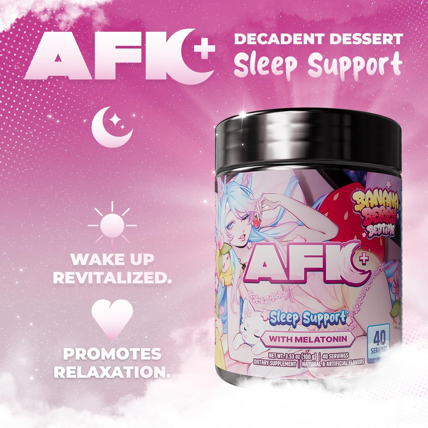 Gamer Supps AFK+ with Melatonin Bananaberry Bedtime by Silvervale Sleep Support Powder, 3.53 oz
