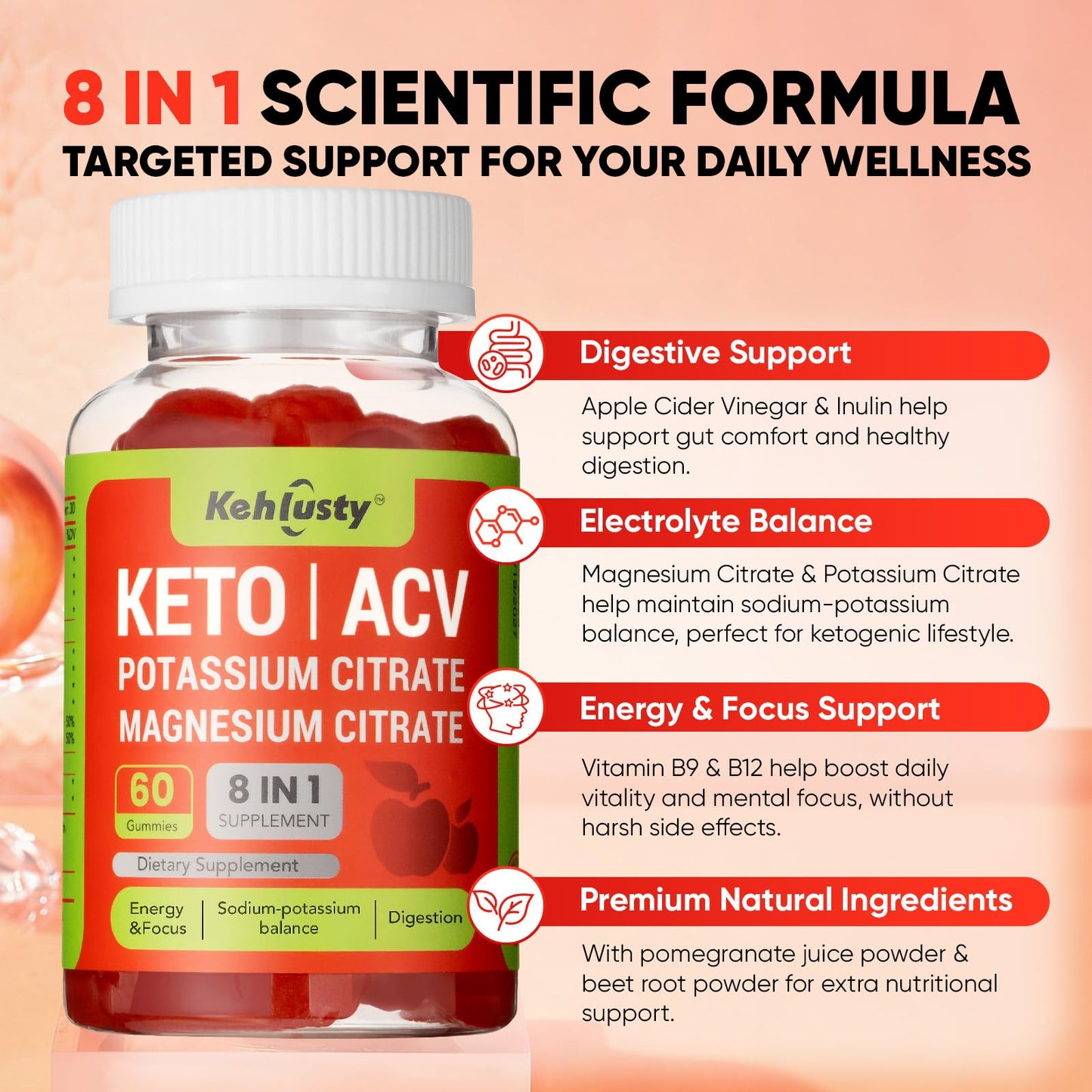 KEHLUSTY Keto ACV Gummies Advanced for Weight Loss Support, 60 Count