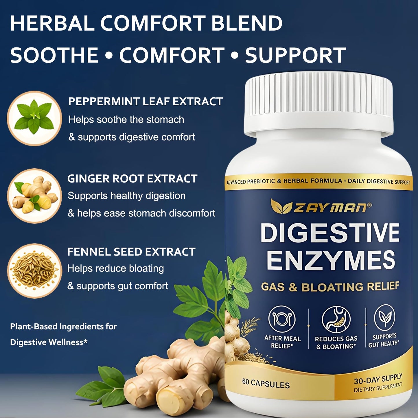 ZAYMAN Digestive Enzymes for Bloating & Gas Relief After Meals, 60 Capsules