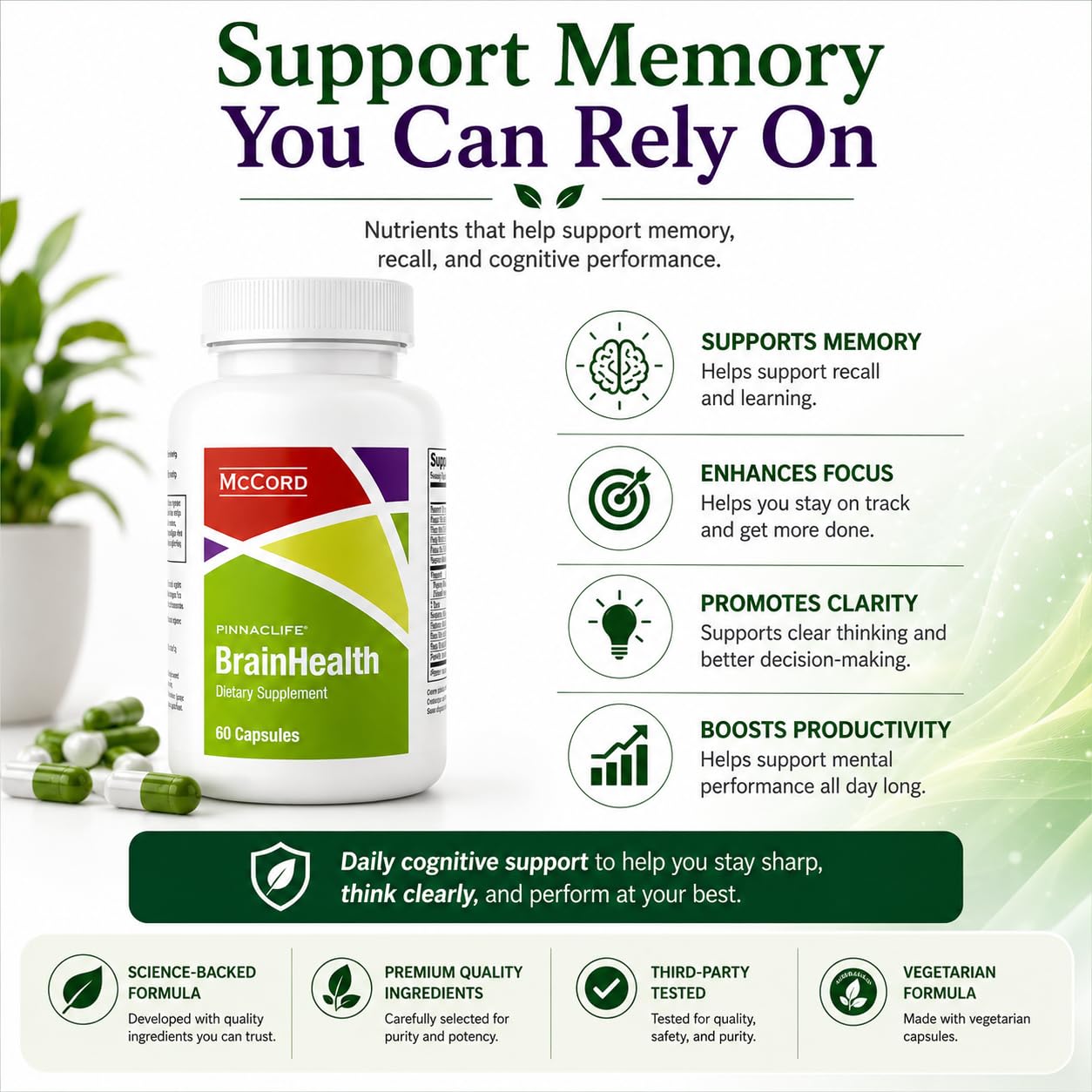 Pinnaclife McCord BrainHealth Brain Supplement with Olivamine, Vitamin D3, B6 & B12, Rhodiola Rosea, Magnesium & Taurine, Supports Memory, Focus, Clarity & Productivity for Men and Women Capsule 1
