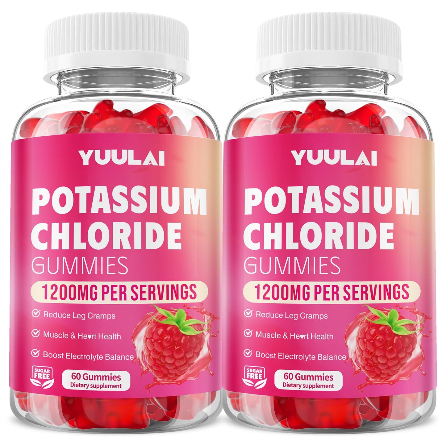 YUULAI Potassium Gummies 1200mg Potassium Chloride, Sugar-Free Electrolyte Support, Raspberry Flavor, 120 Gummies