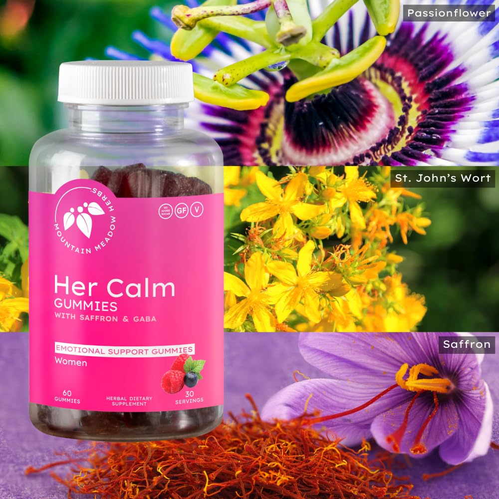 Mountain Meadow Herbs Her Calm Gummies – Natural Mood Support with Saffron, Passion Flower, St. John’s Wort, GABA – Stress Relief Supplement for Women, 60 Count