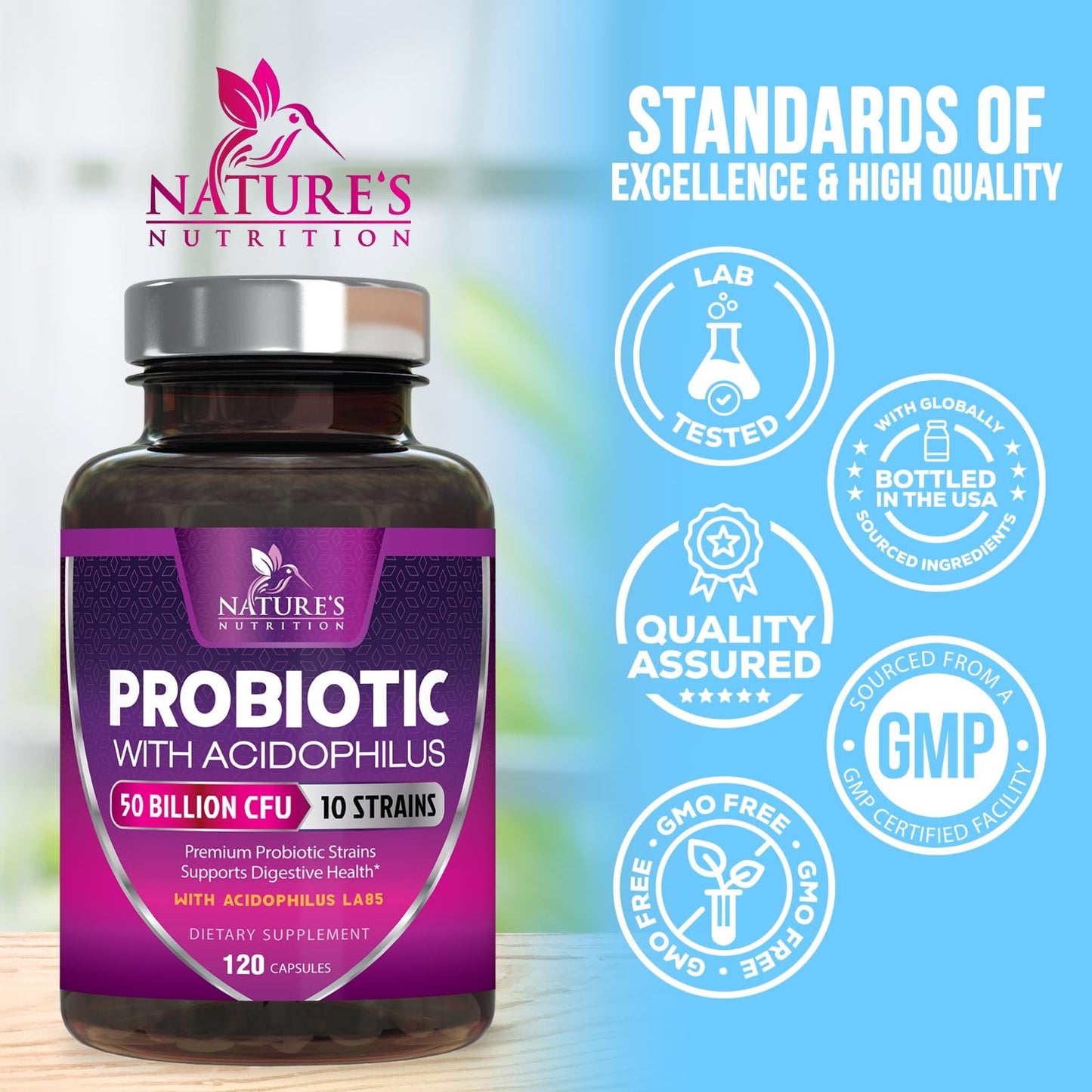Nature's Nutrition Probiotics Capsule 120 Count - 50 Billion CFU per Capsule, 10 Strains & Prebiotics