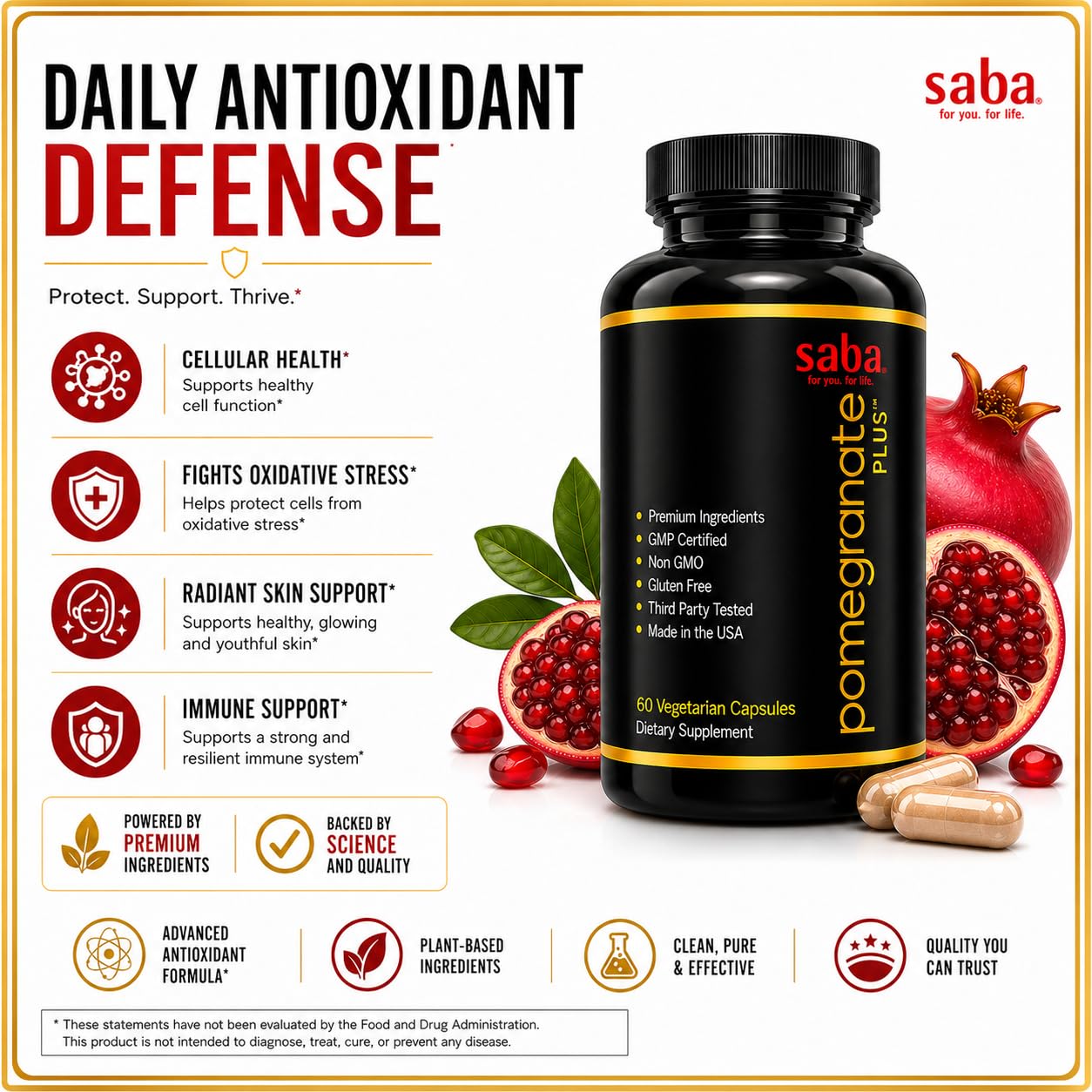 Saba Pomegranate Plus Astaxanthin Supplement with AstaReal & Pomegranate Extract 60 Capsules